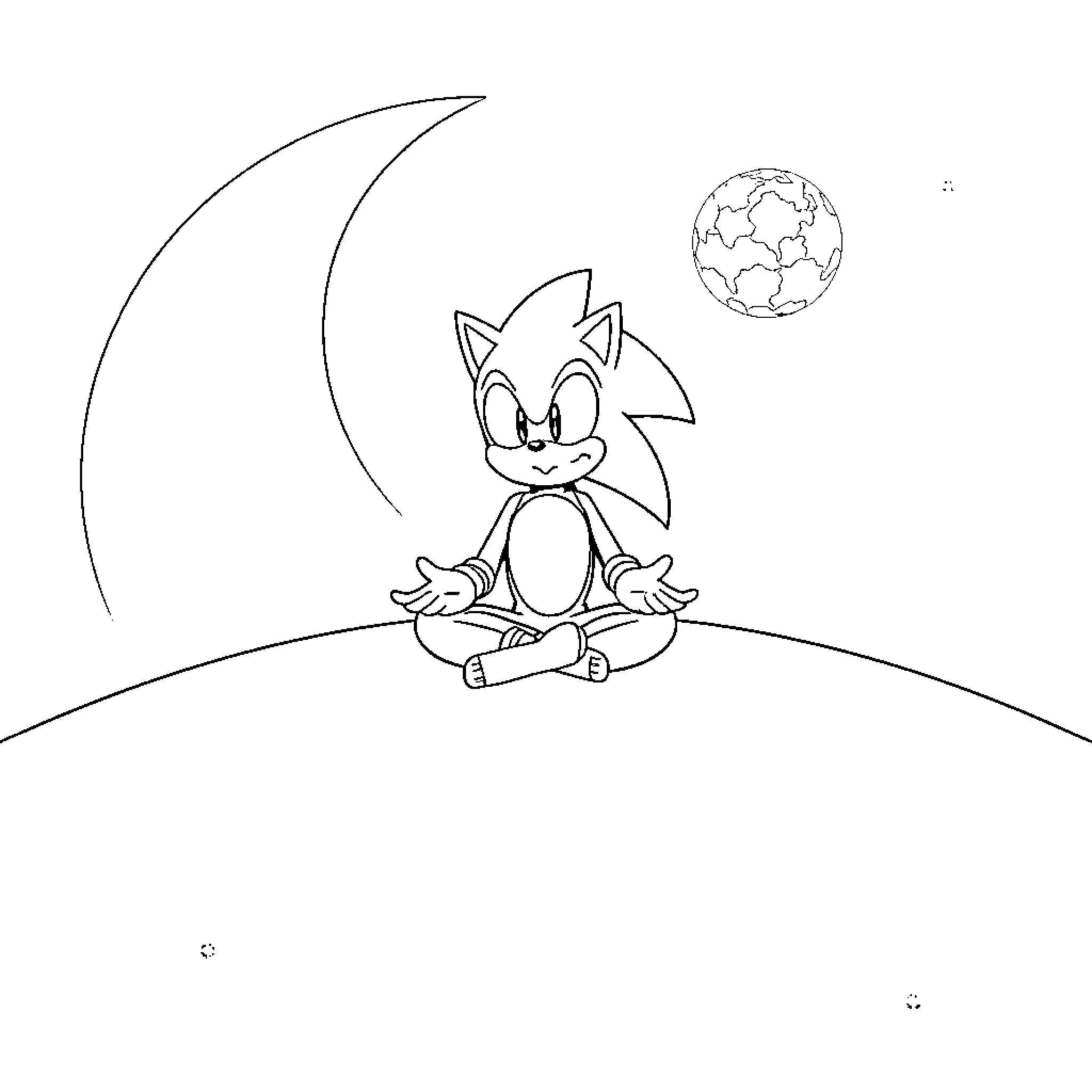 Sonic meditating peacefully under the crescent moon Coloring Page (free black-and-white line drawing printable PDF for all, from beginners to advanced learners, including children, teens, adults, and seniors)