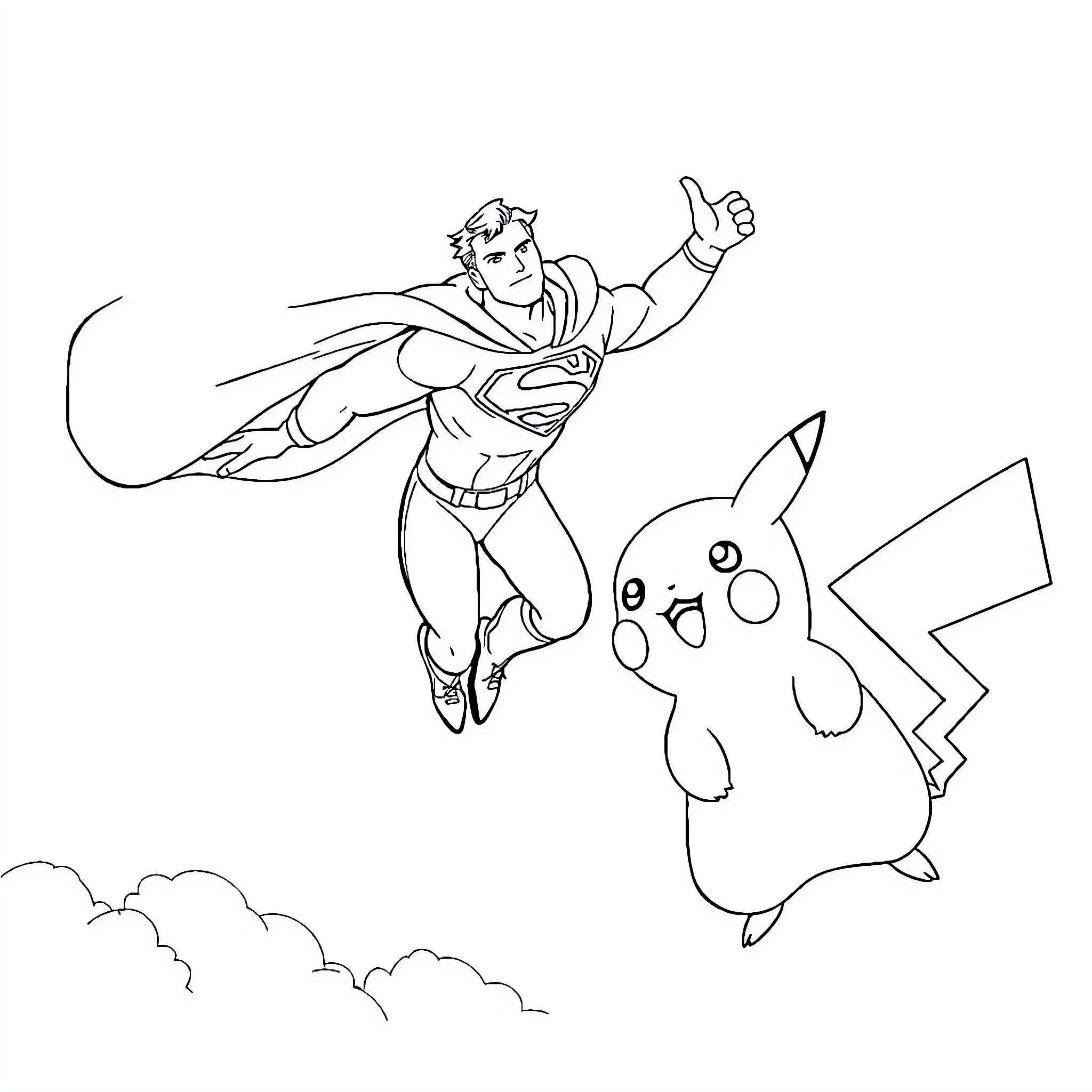 Superman and Pikachu soaring through the sky Coloring Page (free black-and-white line drawing printable PDF for all, from beginners to advanced learners, including children, teens, adults, and seniors)