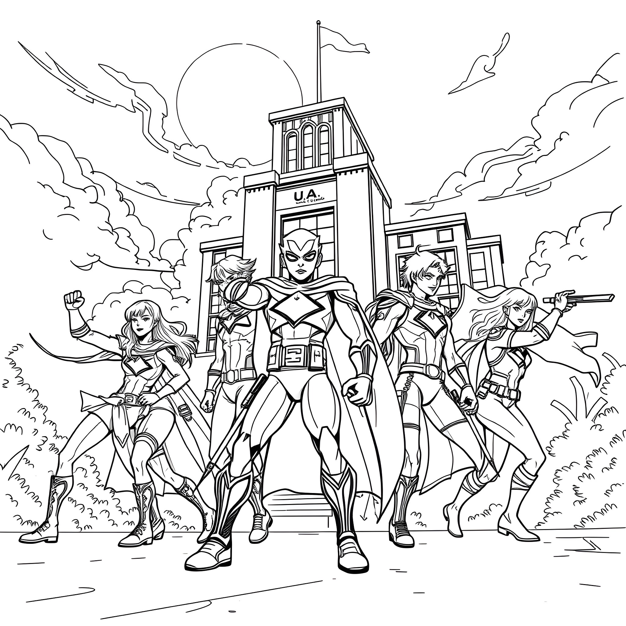 My Hero Academia: Heroic Pose and Encounter Coloring Page (free black-and-white line drawing printable PDF for all, from beginners to advanced learners, including children, teens, adults, and seniors)