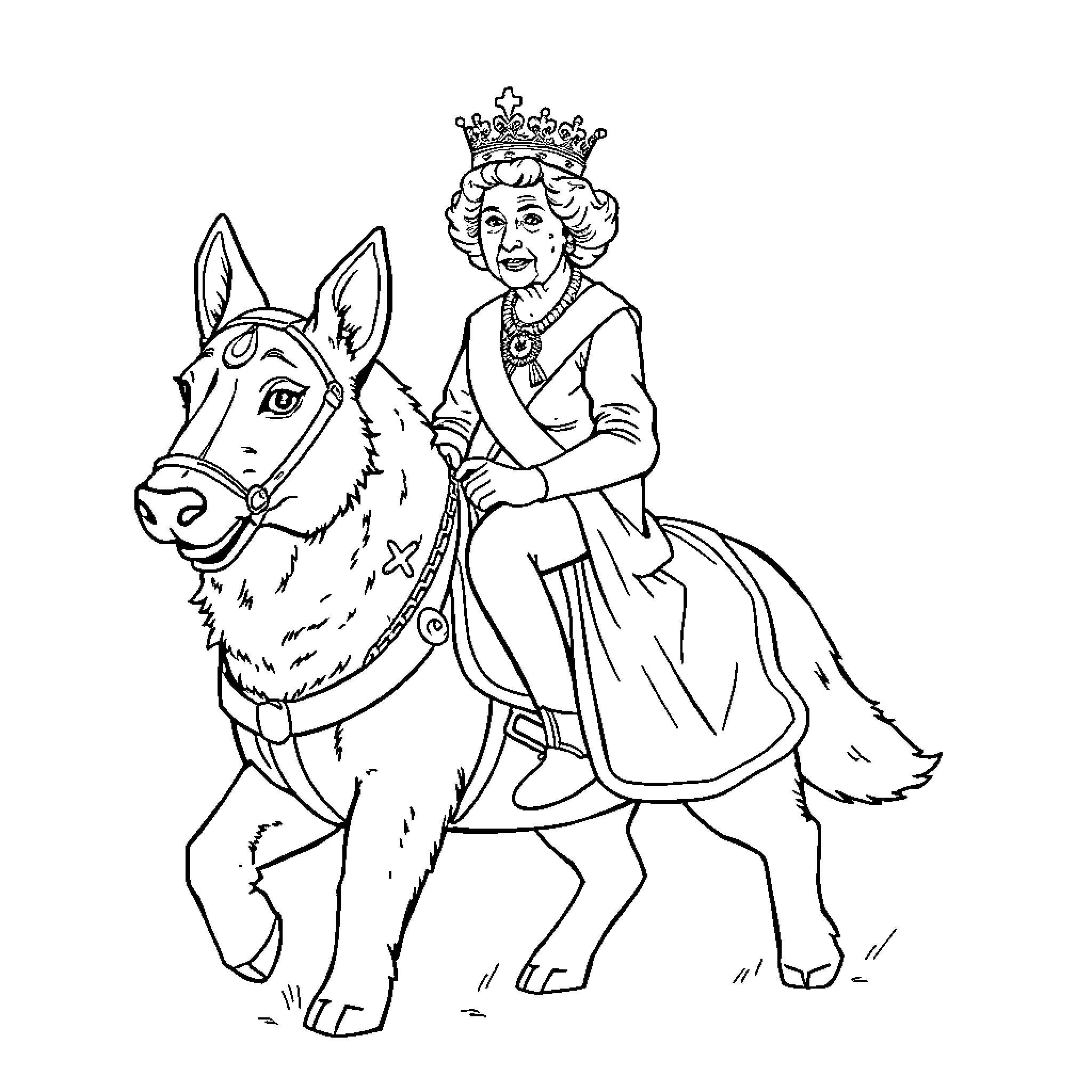 Queen riding majestically on a stately horse Coloring Page (free black-and-white line drawing printable PDF for all, from beginners to advanced learners, including children, teens, adults, and seniors)