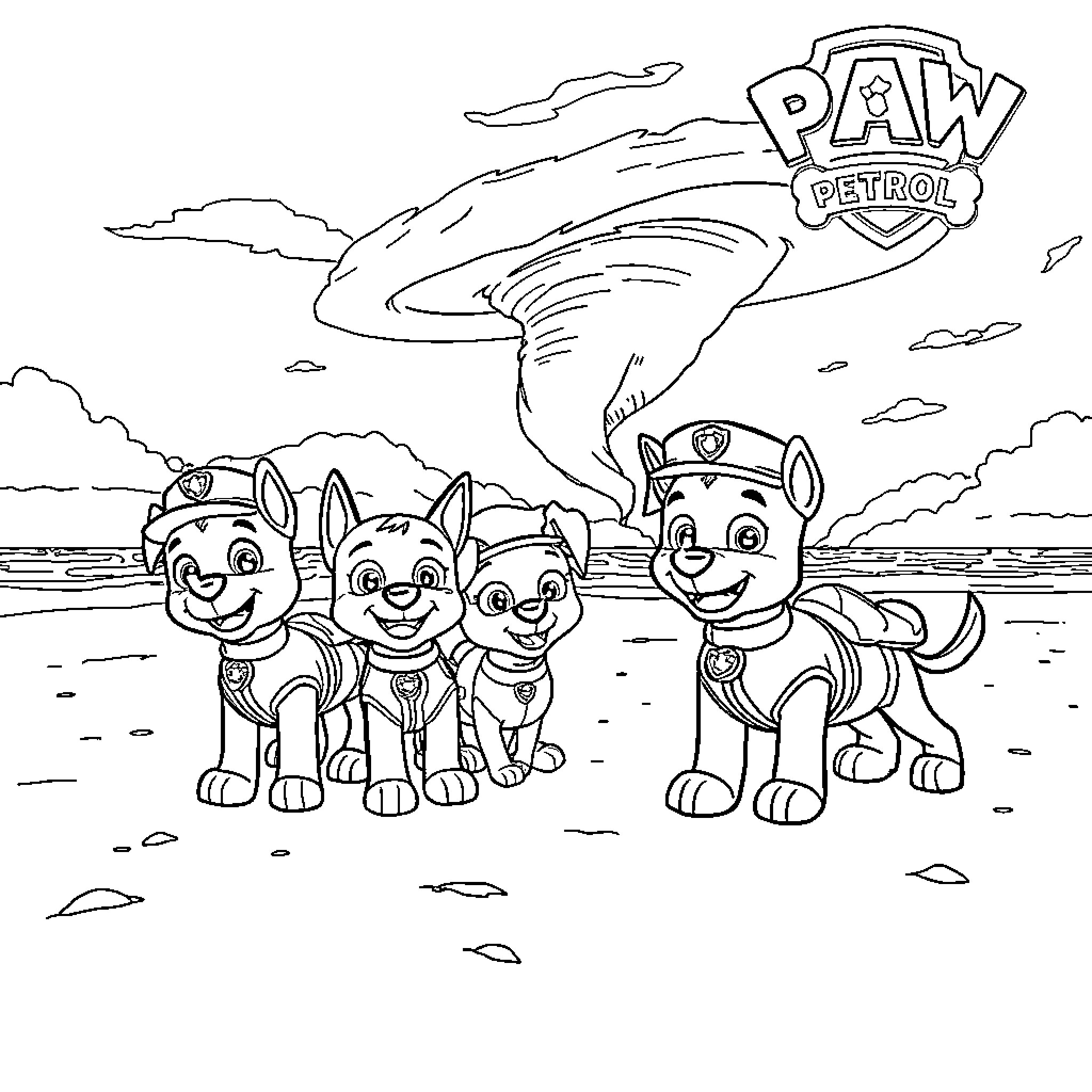 Paw Patrol Puppies on an Adventure Coloring Page (free black-and-white line drawing printable PDF for all, from beginners to advanced learners, including children, teens, adults, and seniors)