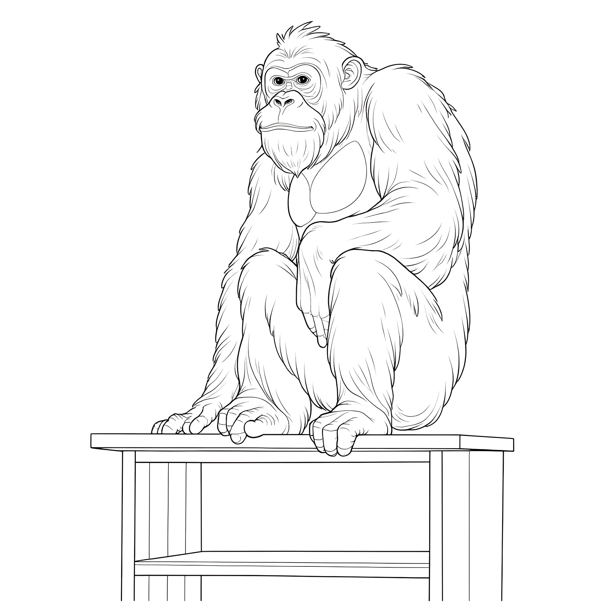 Orangutan sitting on a wooden table Coloring Page (free black-and-white line drawing printable PDF for all, from beginners to advanced learners, including children, teens, adults, and seniors)