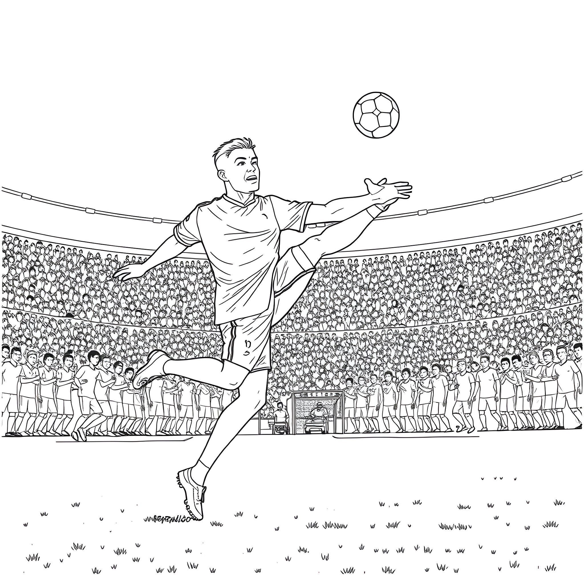 Ronaldo performing soccer skills in a stadium Coloring Page (free black-and-white line drawing printable PDF for all, from beginners to advanced learners, including children, teens, adults, and seniors)