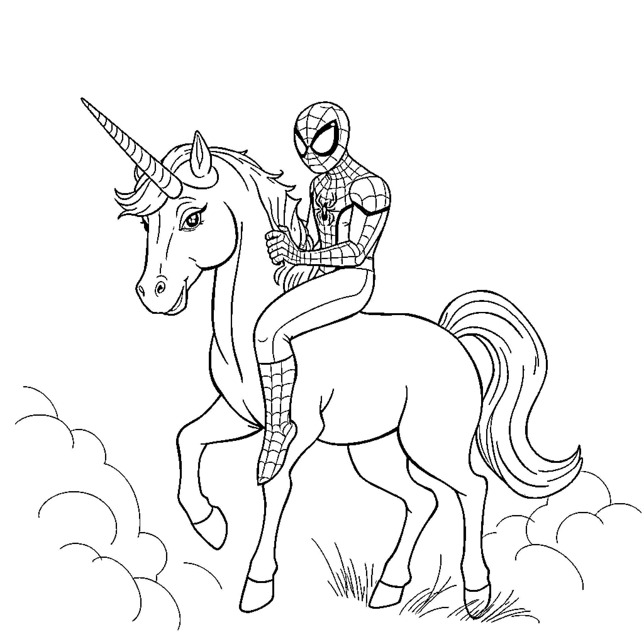 Spiderman riding a magical unicorn Coloring Page (free black-and-white line drawing printable PDF for all, from beginners to advanced learners, including children, teens, adults, and seniors)