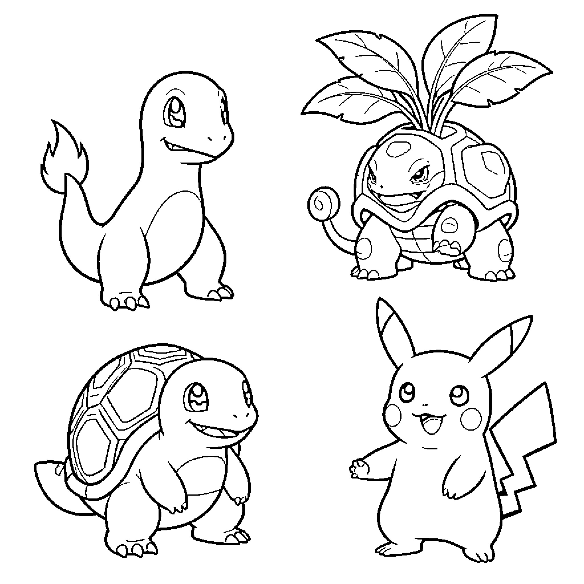 Pokémon posing together with happy expressions Coloring Page (free black-and-white line drawing printable PDF for all, from beginners to advanced learners, including children, teens, adults, and seniors)
