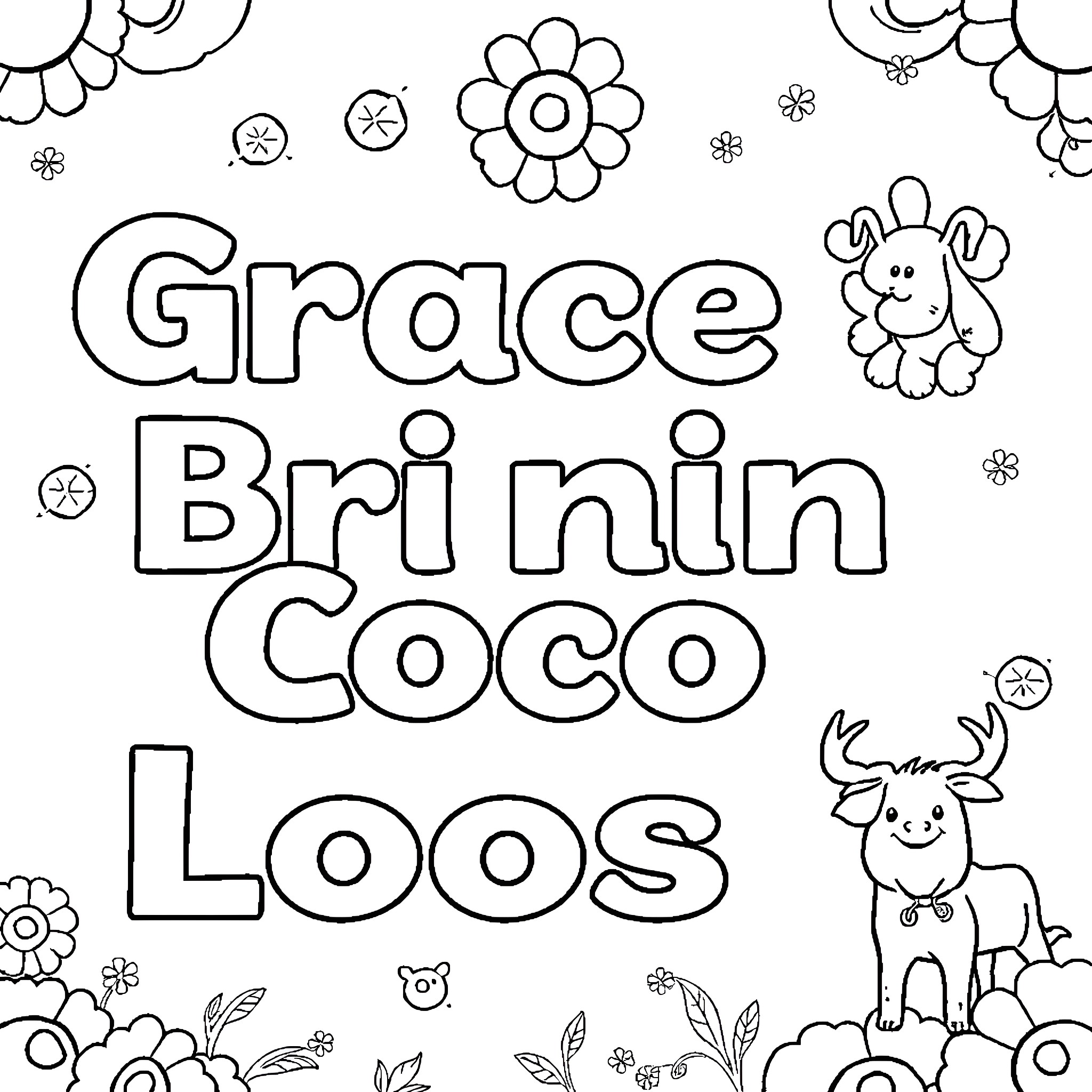 Name playful cartoon animals and flowers Coloring Page (free black-and-white line drawing printable PDF for all, from beginners to advanced learners, including children, teens, adults, and seniors)