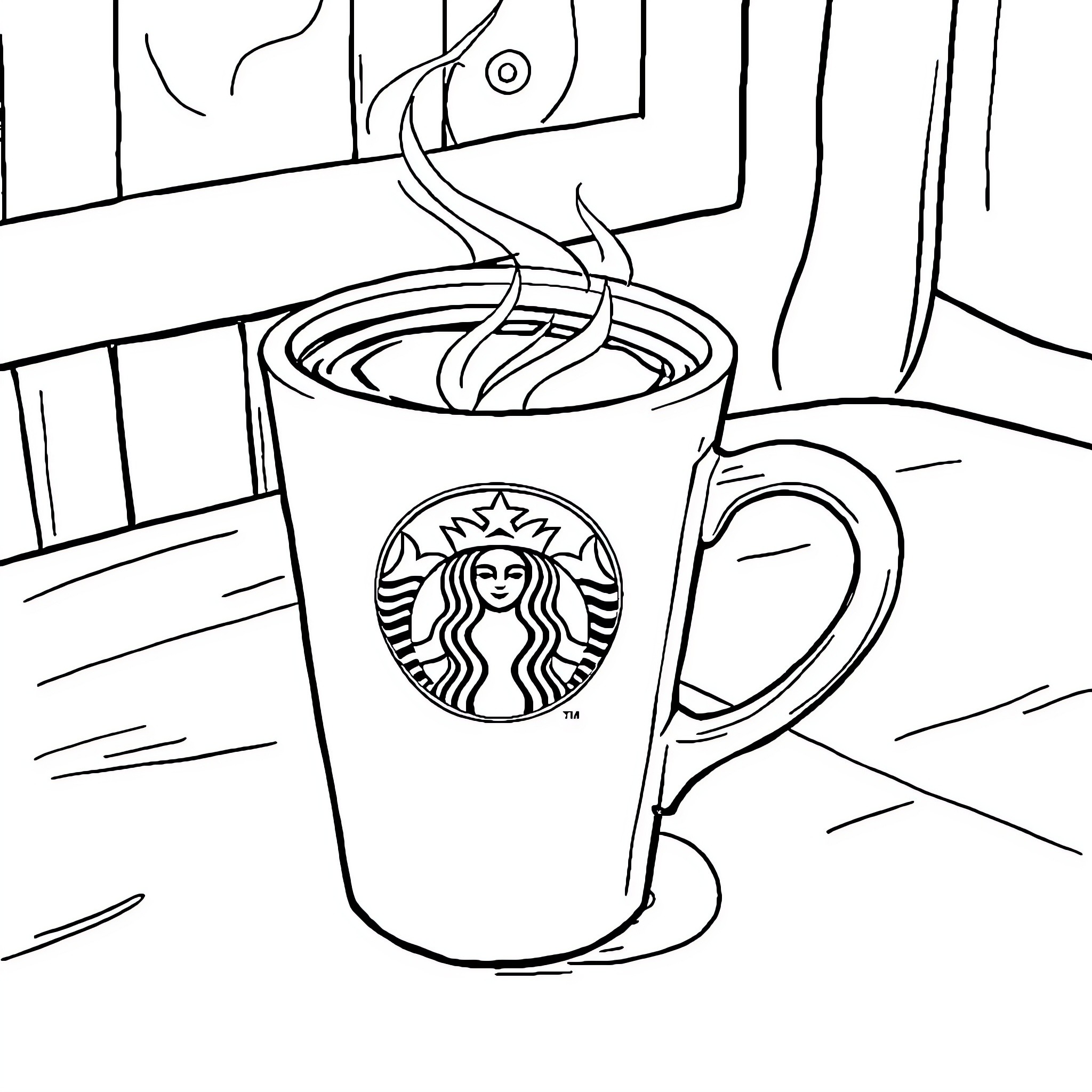 Starbucks Beverage in a Cozy Environment Coloring Page (free black-and-white line drawing printable PDF for all, from beginners to advanced learners, including children, teens, adults, and seniors)