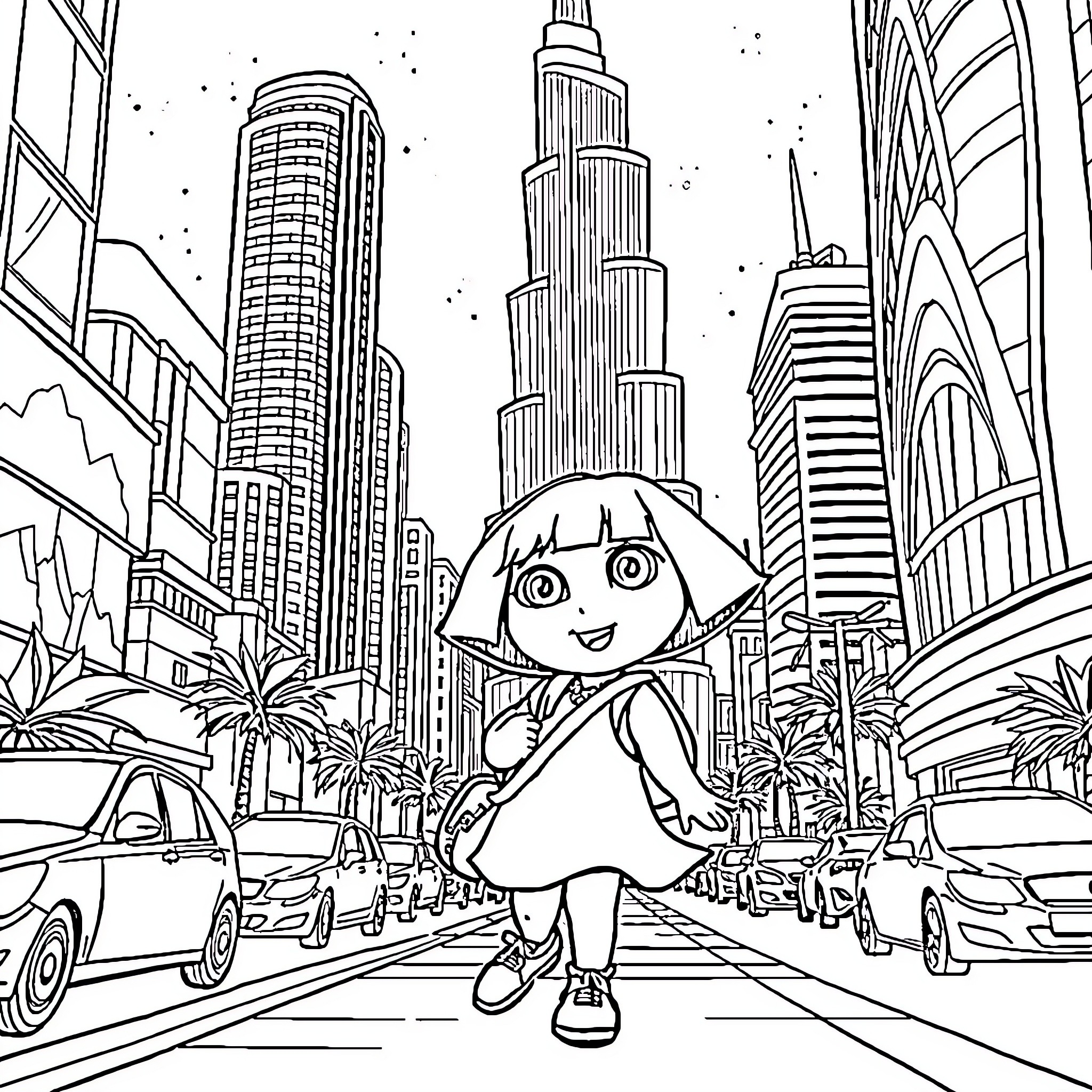 Dora exploring the city skyline Coloring Page (free black-and-white line drawing printable PDF for all, from beginners to advanced learners, including children, teens, adults, and seniors)