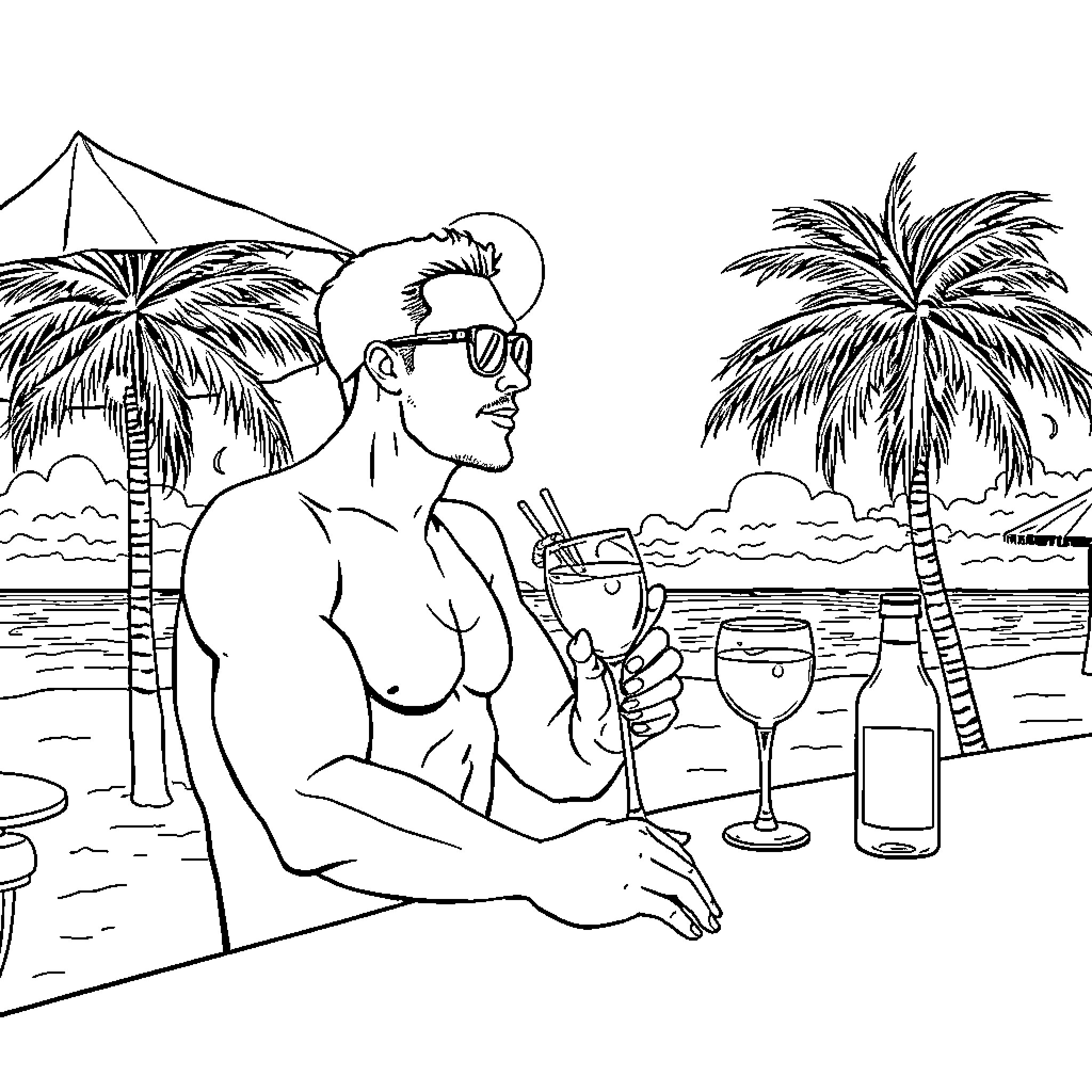 Barman enjoying a drink on the beach Coloring Page (free black-and-white line drawing printable PDF for all, from beginners to advanced learners, including children, teens, adults, and seniors)