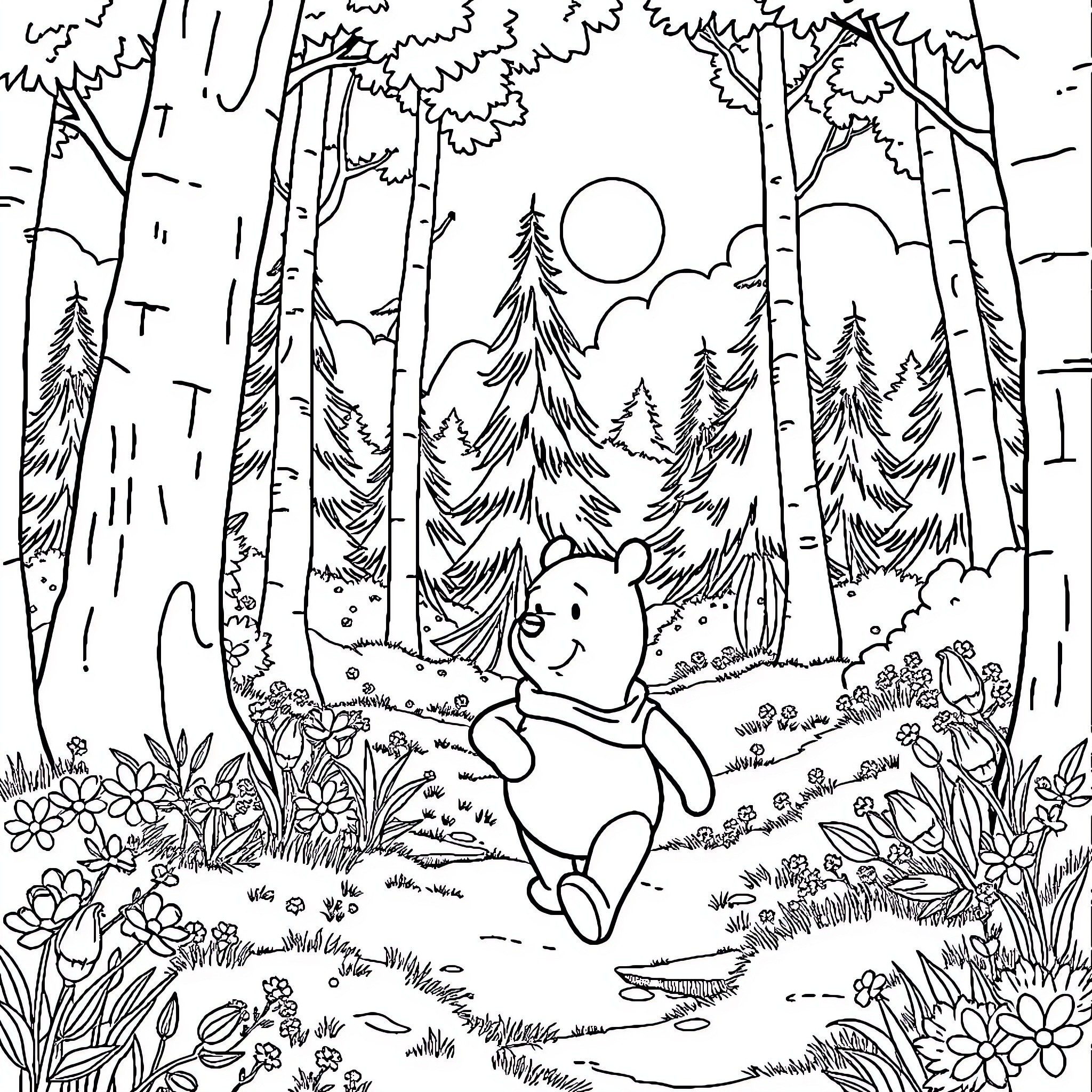Winnie The Pooh exploring the enchanted forest Coloring Page (free black-and-white line drawing printable PDF for all, from beginners to advanced learners, including children, teens, adults, and seniors)