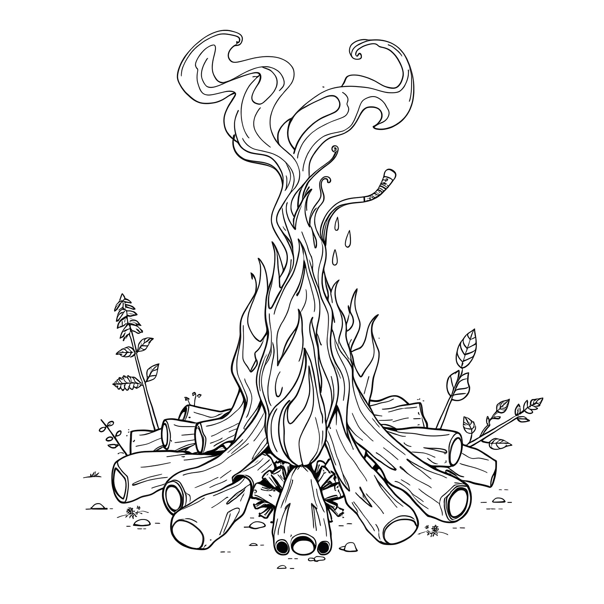 Uktena's Mystic Campfire in the Forest Coloring Page (free black-and-white line drawing printable PDF for all, from beginners to advanced learners, including children, teens, adults, and seniors)