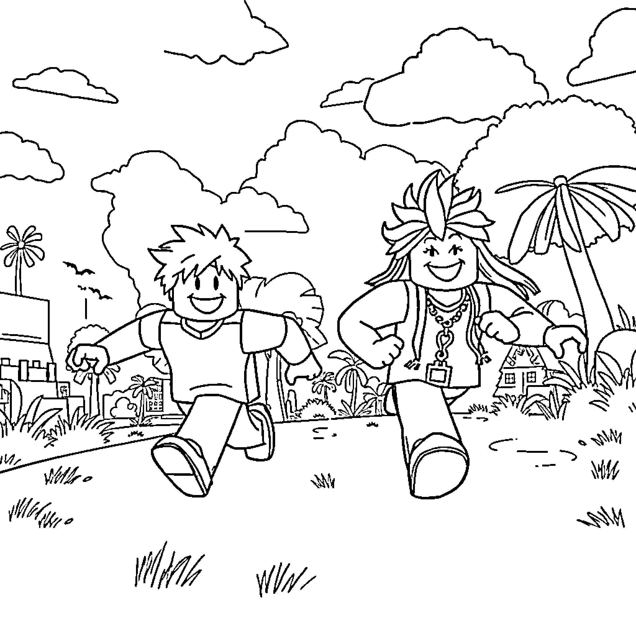 Roblox Character Playing Happily in Tropical Scene Coloring Page (free black-and-white line drawing printable PDF for all, from beginners to advanced learners, including children, teens, adults, and seniors)