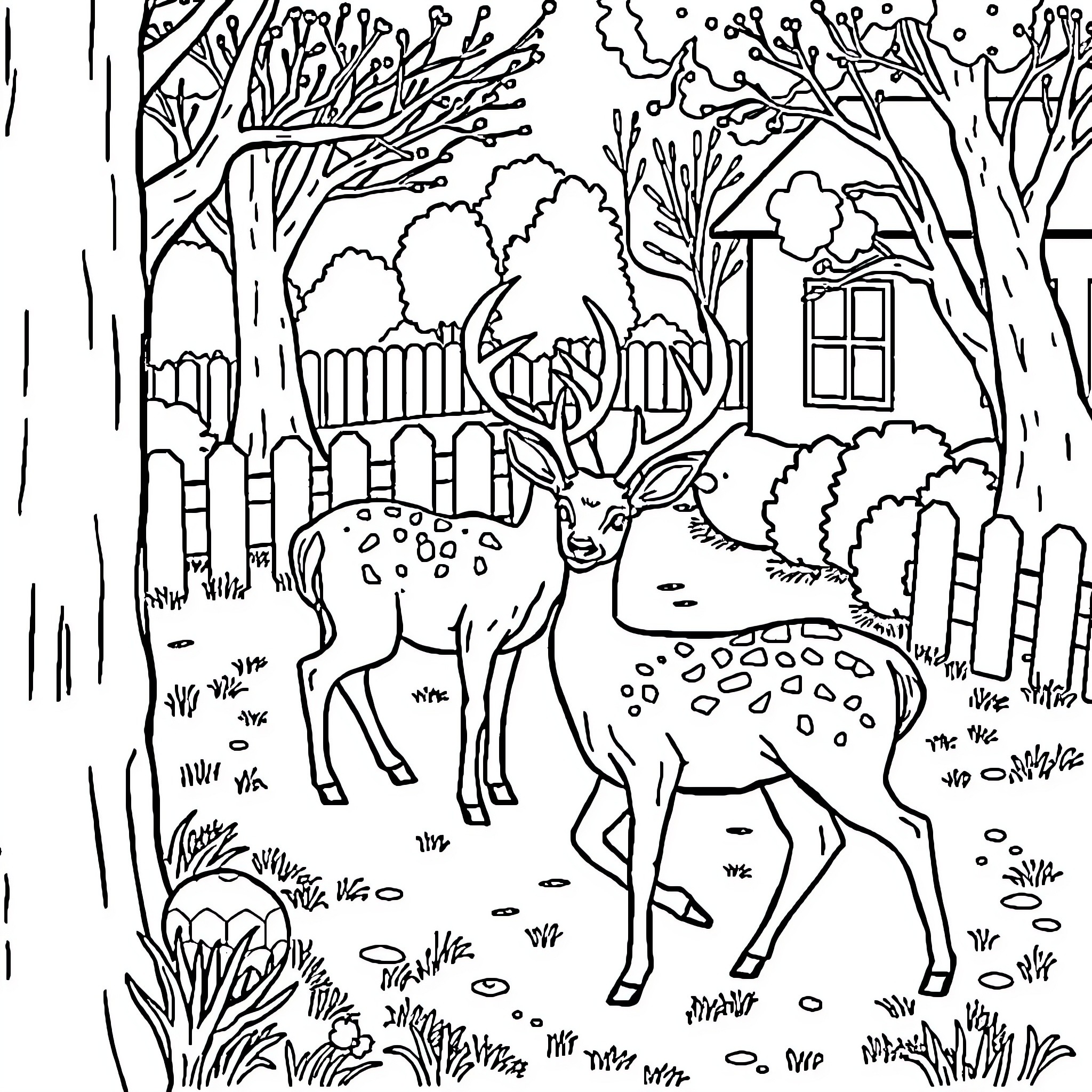 Deer exploring a snowy forest landscape Coloring Page (free black-and-white line drawing printable PDF for all, from beginners to advanced learners, including children, teens, adults, and seniors)