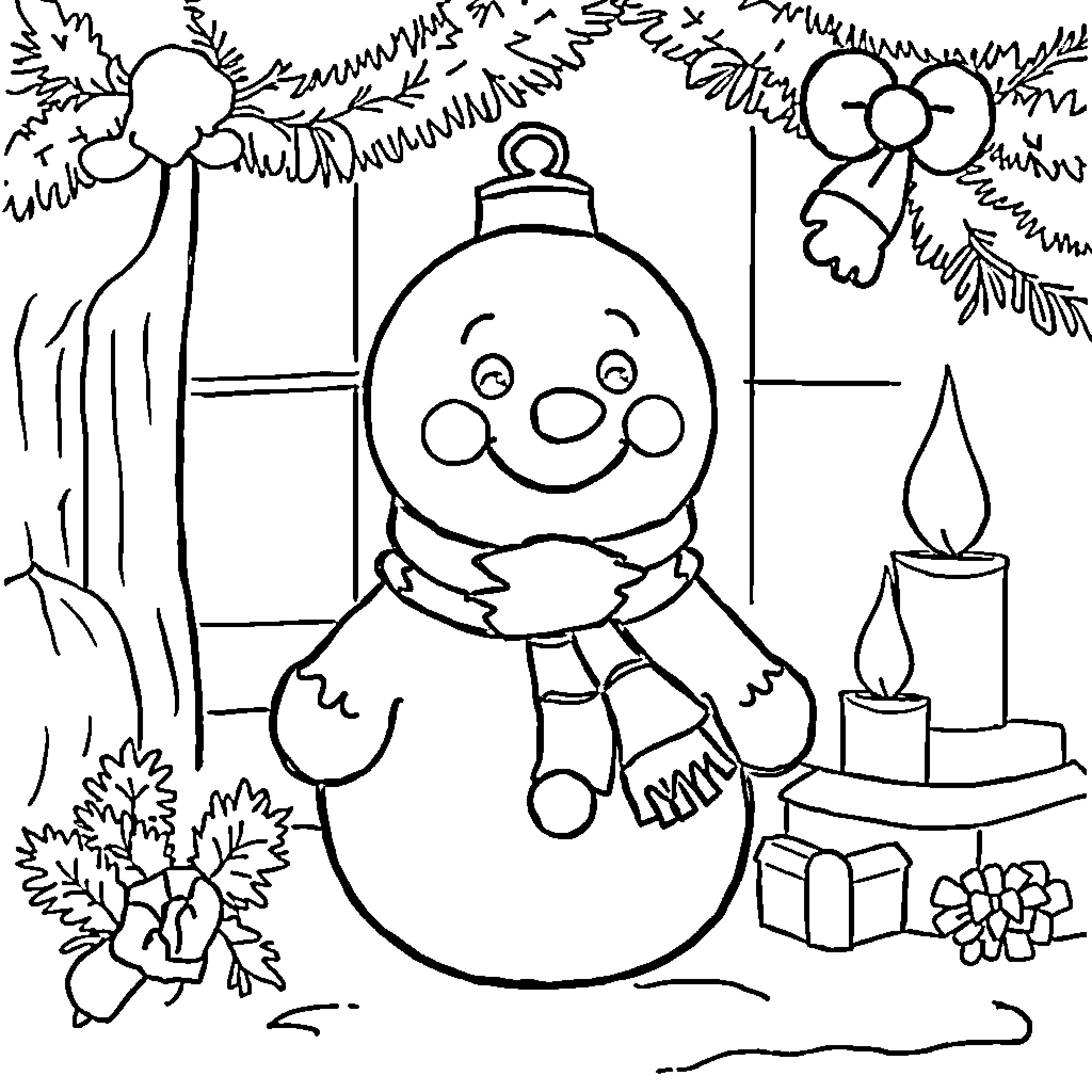 Snowman cheerfully decorating for the holidays Coloring Page (free black-and-white line drawing printable PDF for all, from beginners to advanced learners, including children, teens, adults, and seniors)