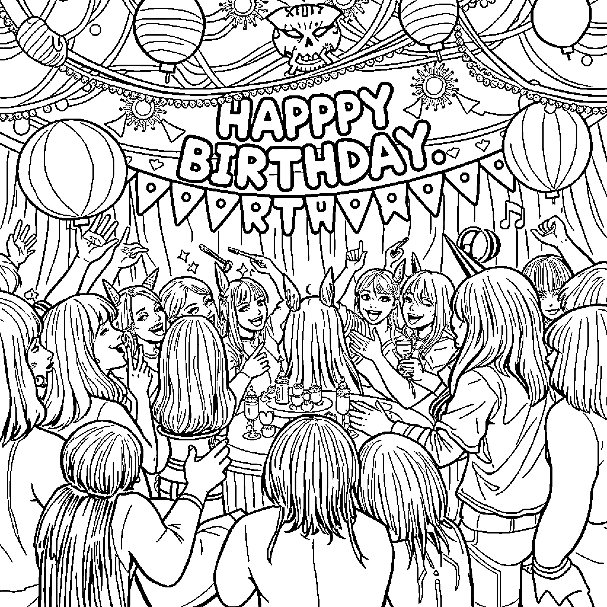 Kpop Demon Hunter Birthday Party Coloring Page (free black-and-white line drawing printable PDF for all, from beginners to advanced learners, including children, teens, adults, and seniors)
