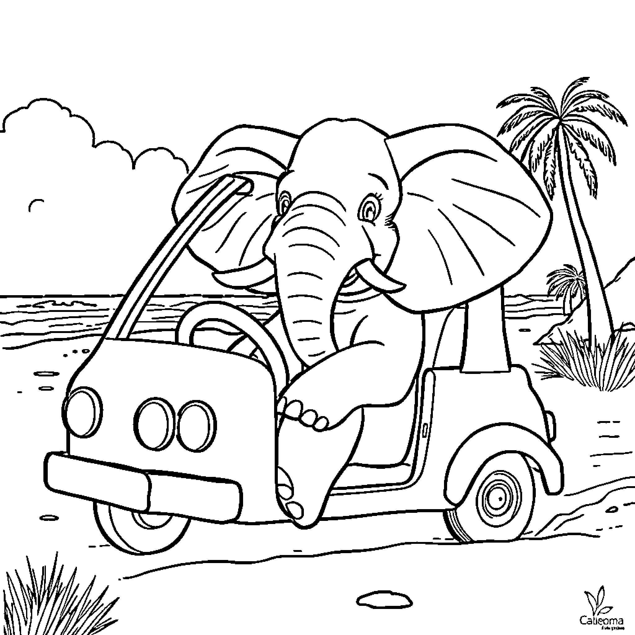 Elephant driving a car on a tropical beach Coloring Page (free black-and-white line drawing printable PDF for all, from beginners to advanced learners, including children, teens, adults, and seniors)