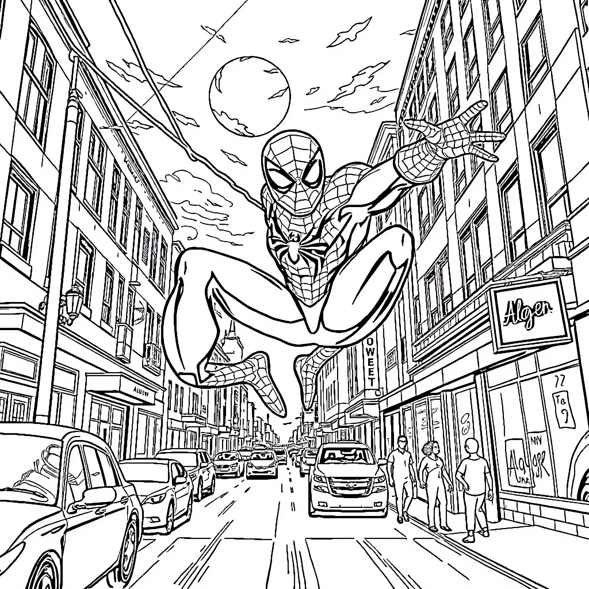 Spiderman swinging through the city streets Coloring Page (free black-and-white line drawing printable PDF for all, from beginners to advanced learners, including children, teens, adults, and seniors)