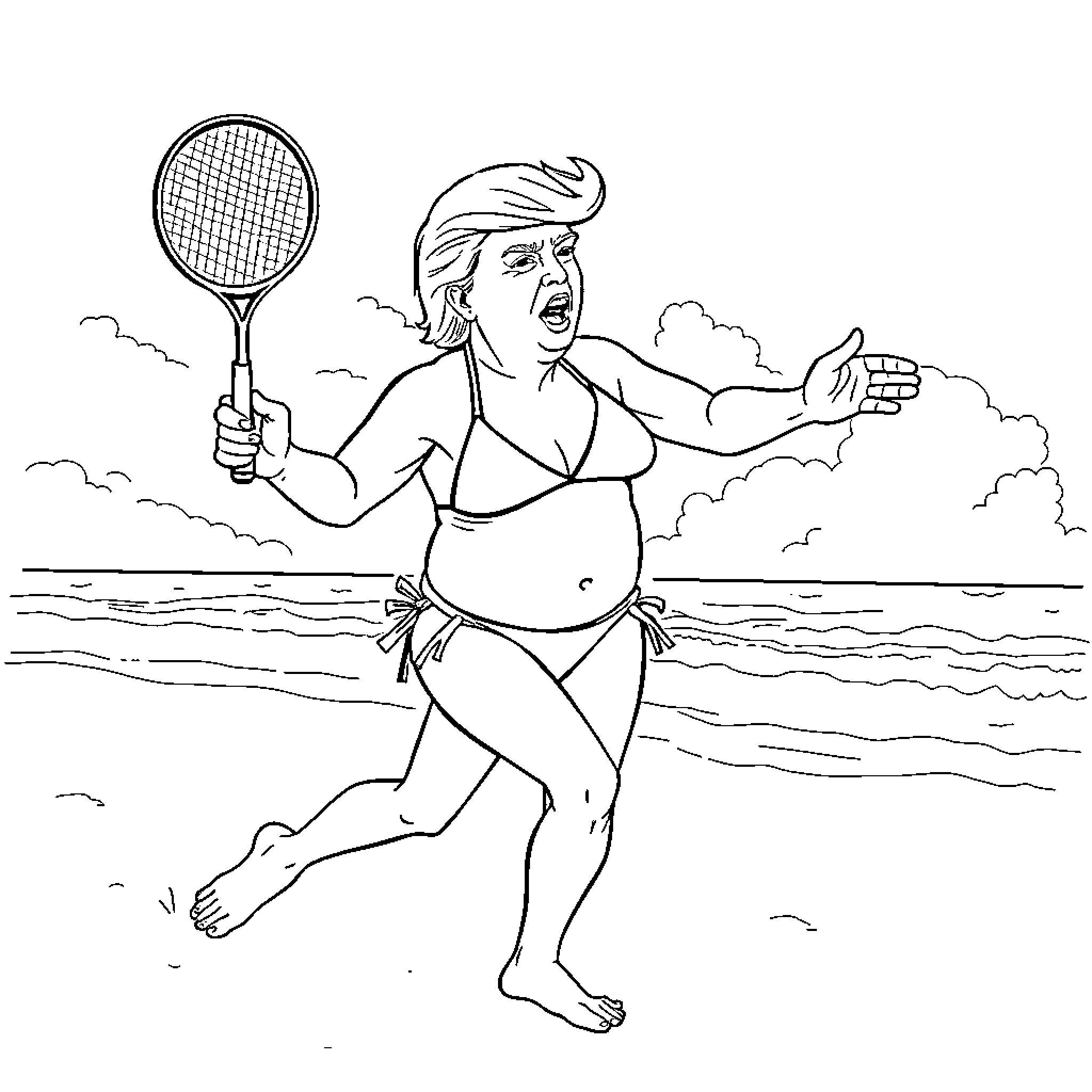 Donald Trump playing angry tennis on the beach Coloring Page (free black-and-white line drawing printable PDF for all, from beginners to advanced learners, including children, teens, adults, and seniors)