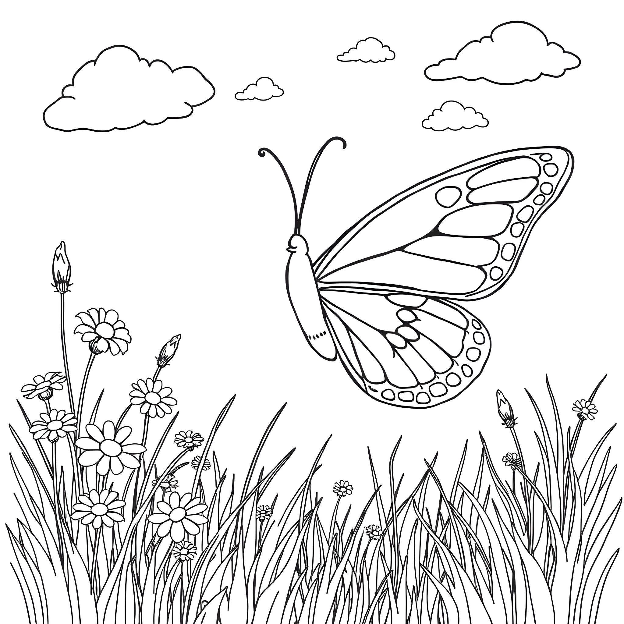 Bluey's Butterfly Garden Adventure Coloring Page (free black-and-white line drawing printable PDF for all, from beginners to advanced learners, including children, teens, adults, and seniors)