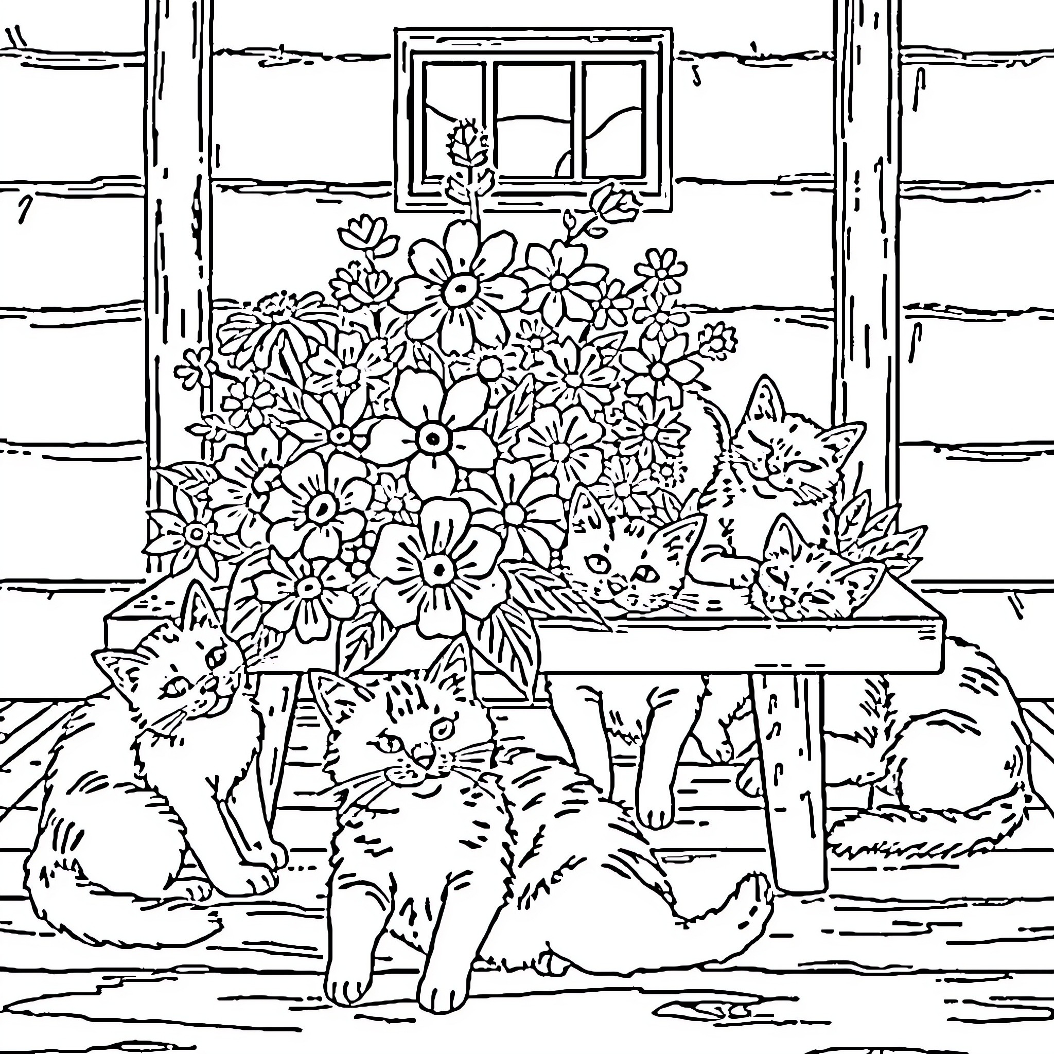 Table adorned with vibrant flowers and playful kittens Coloring Page (free black-and-white line drawing printable PDF for all, from beginners to advanced learners, including children, teens, adults, and seniors)
