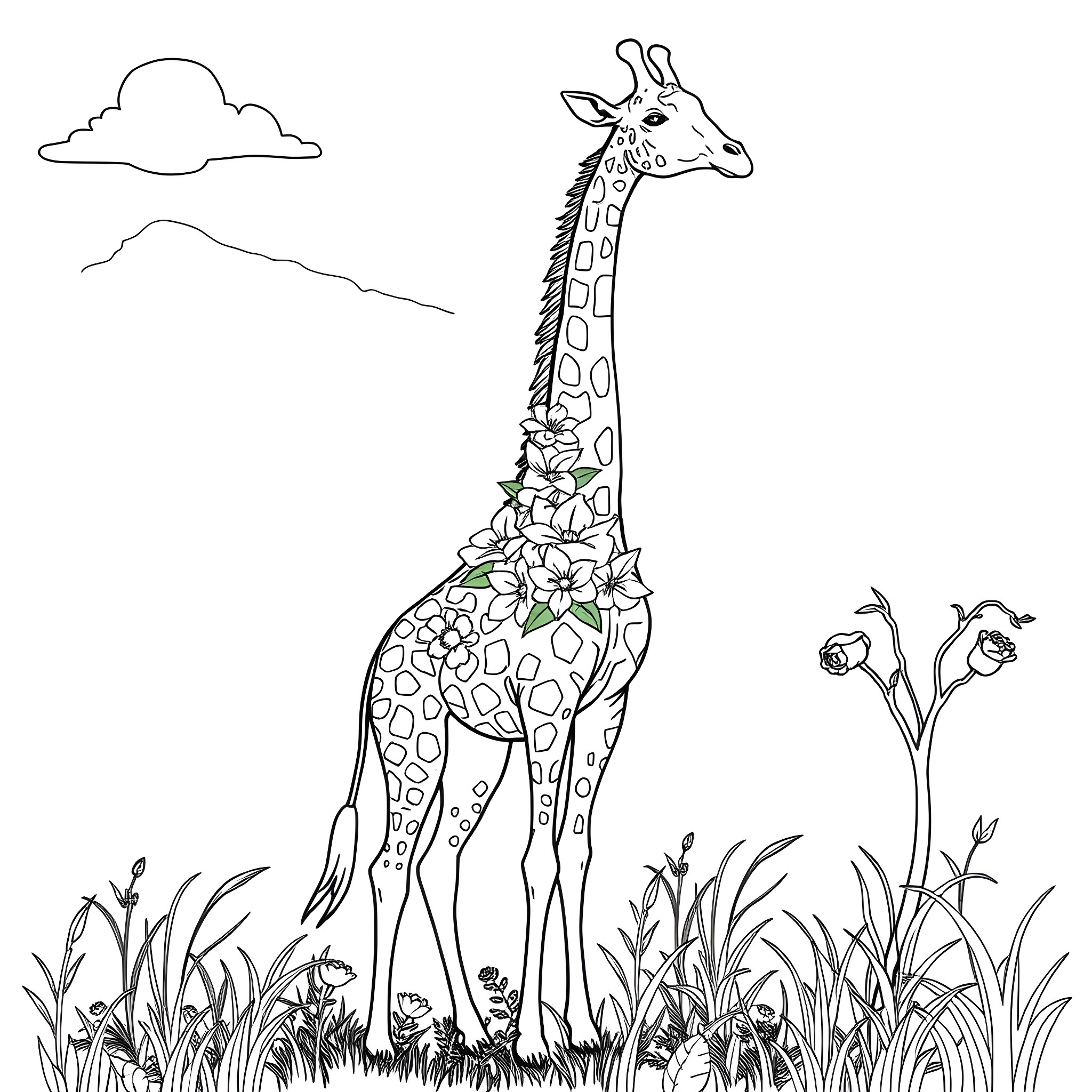 Giraffe standing among flowers in the wild Coloring Page (free black-and-white line drawing printable PDF for all, from beginners to advanced learners, including children, teens, adults, and seniors)