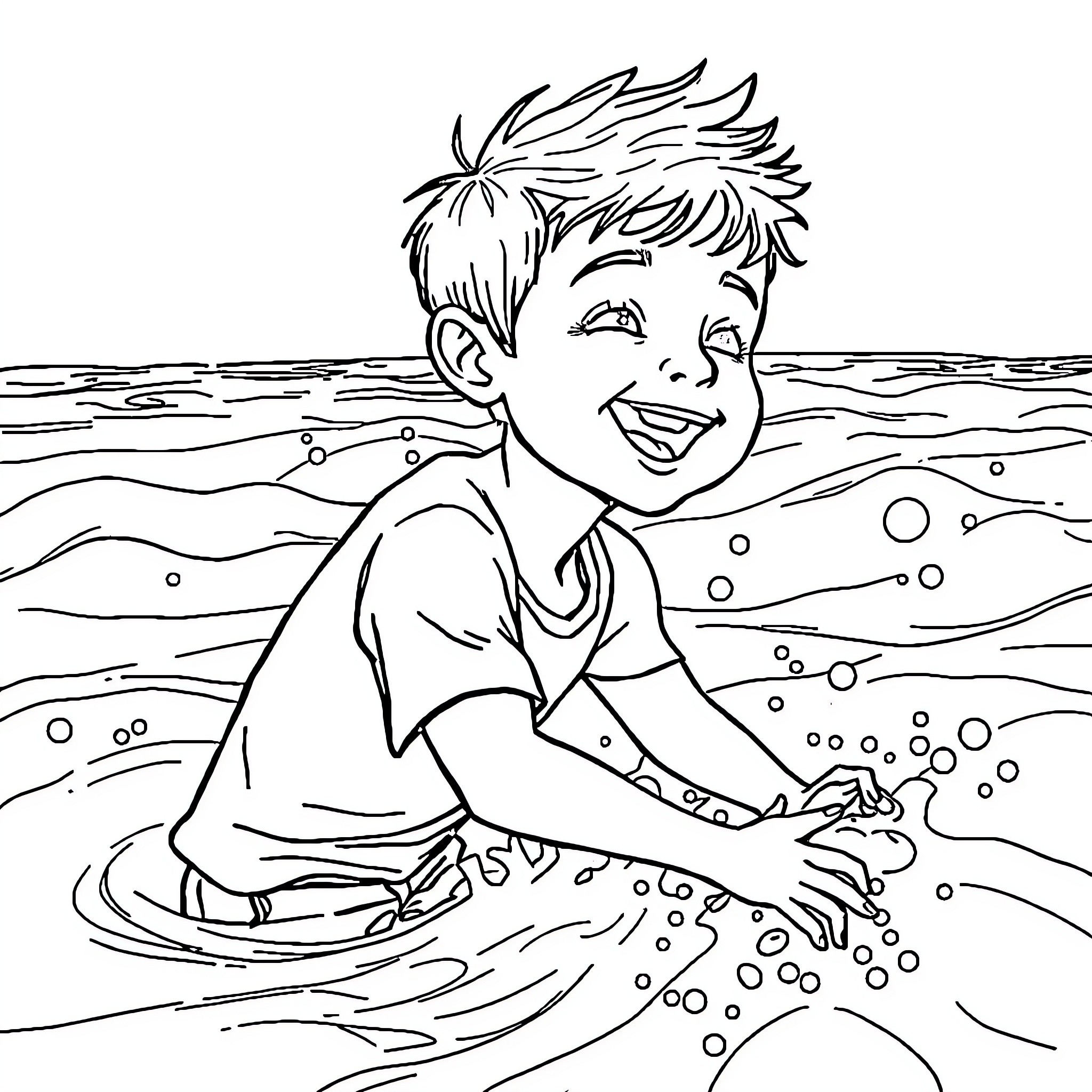 Boy playing joyfully in the waves Coloring Page (free black-and-white line drawing printable PDF for all, from beginners to advanced learners, including children, teens, adults, and seniors)