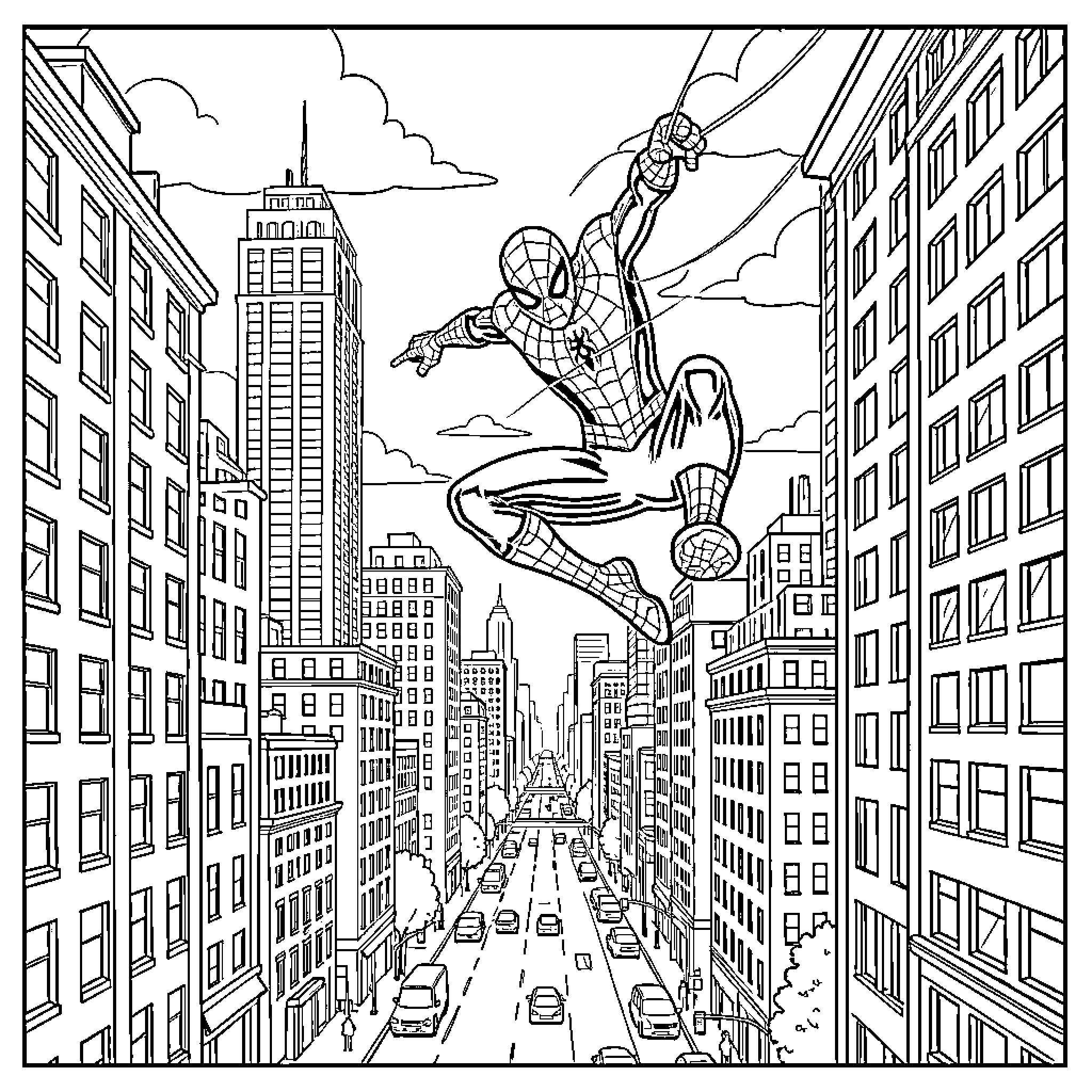 Spider-Man swinging through a busy city street Coloring Page (free black-and-white line drawing printable PDF for all, from beginners to advanced learners, including children, teens, adults, and seniors)