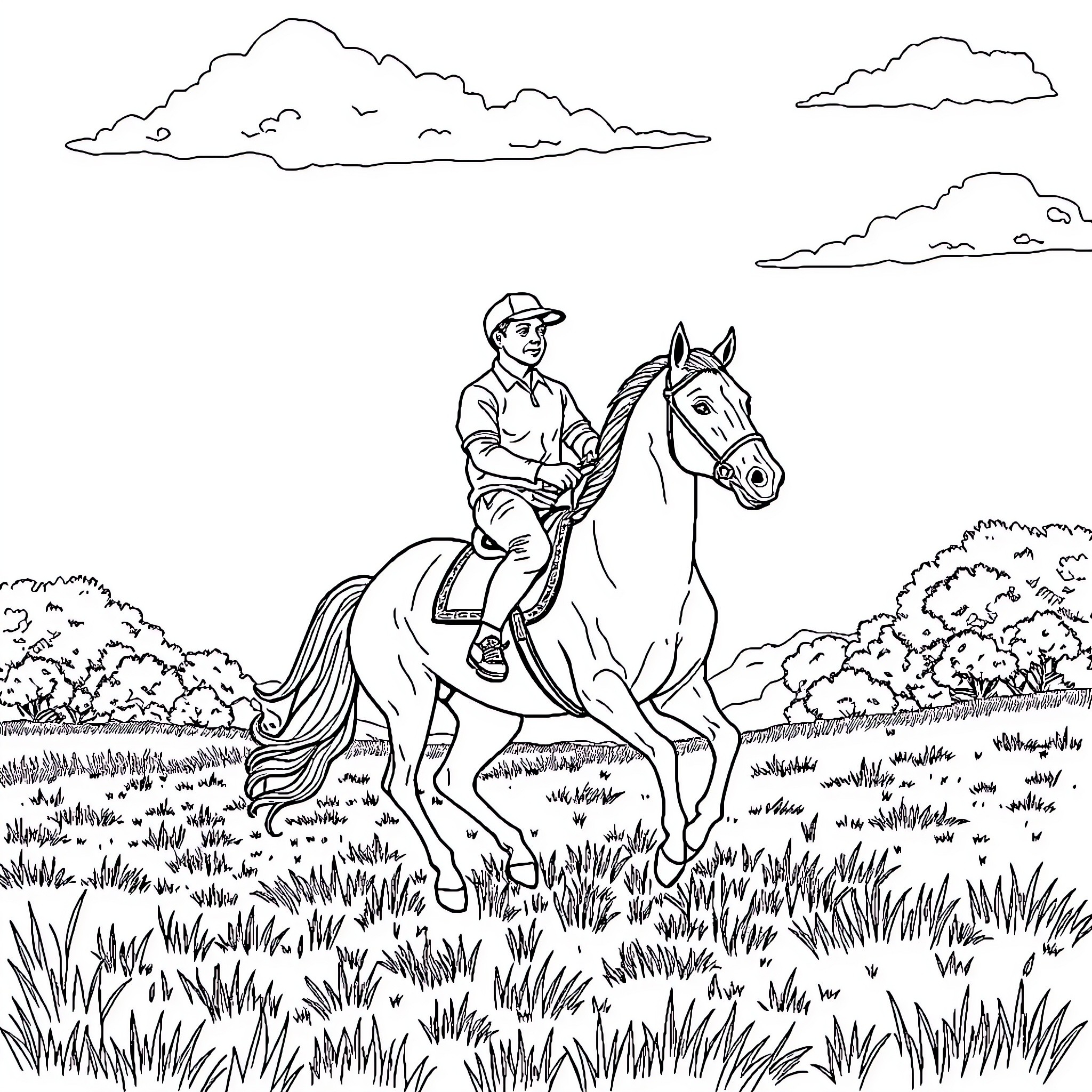 Mbappe on horseback in a scenic outdoor setting Coloring Page (free black-and-white line drawing printable PDF for all, from beginners to advanced learners, including children, teens, adults, and seniors)
