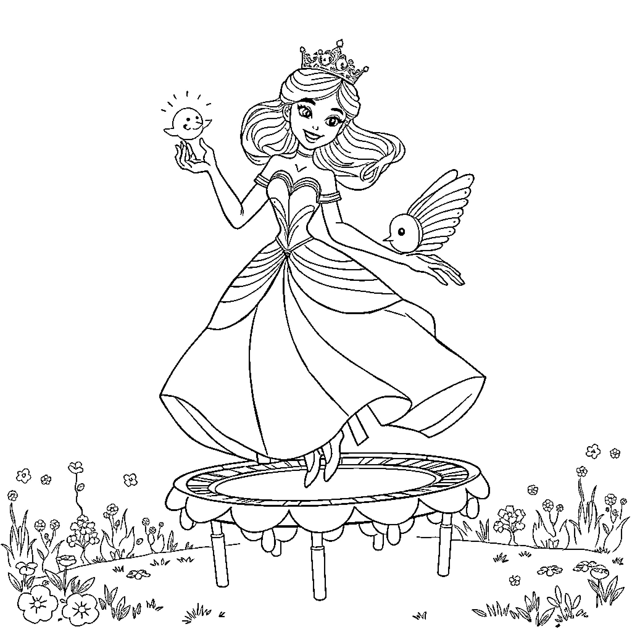 Princess playing with birds in a floral garden Coloring Page (free black-and-white line drawing printable PDF for all, from beginners to advanced learners, including children, teens, adults, and seniors)