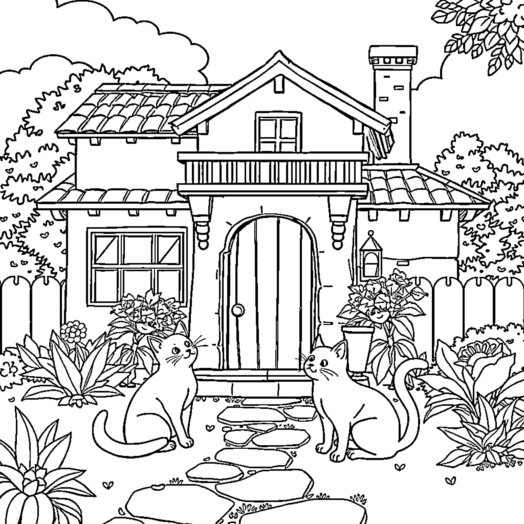 Cat exploring cozy cottage garden Coloring Page (free black-and-white line drawing printable PDF for all, from beginners to advanced learners, including children, teens, adults, and seniors)