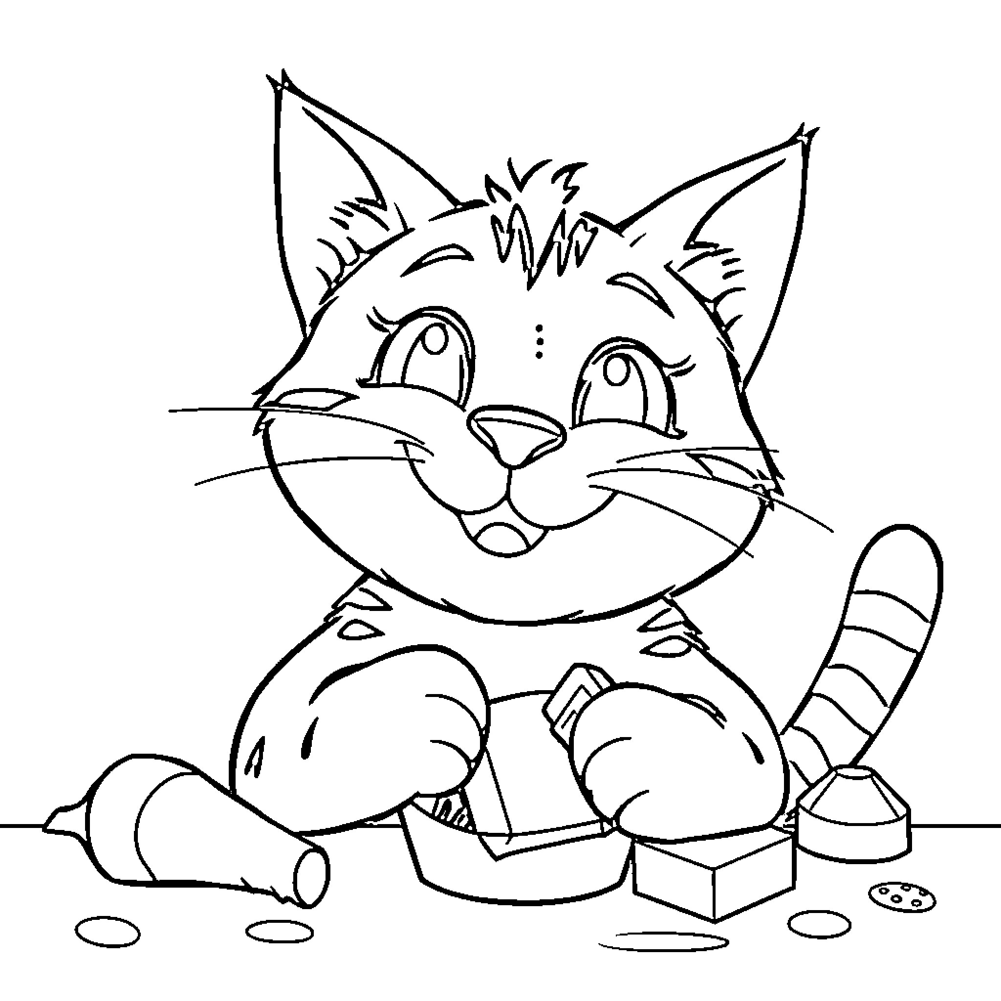Chat Potté exploring his new environment Coloring Page (free black-and-white line drawing printable PDF for all, from beginners to advanced learners, including children, teens, adults, and seniors)