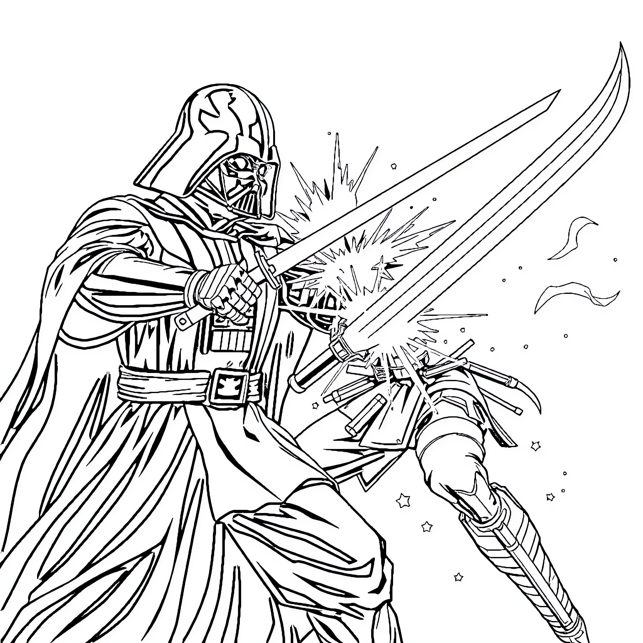 Samurai Sword Wielding Warrior in Epic Battle Coloring Page (free black-and-white line drawing printable PDF for all, from beginners to advanced learners, including children, teens, adults, and seniors)