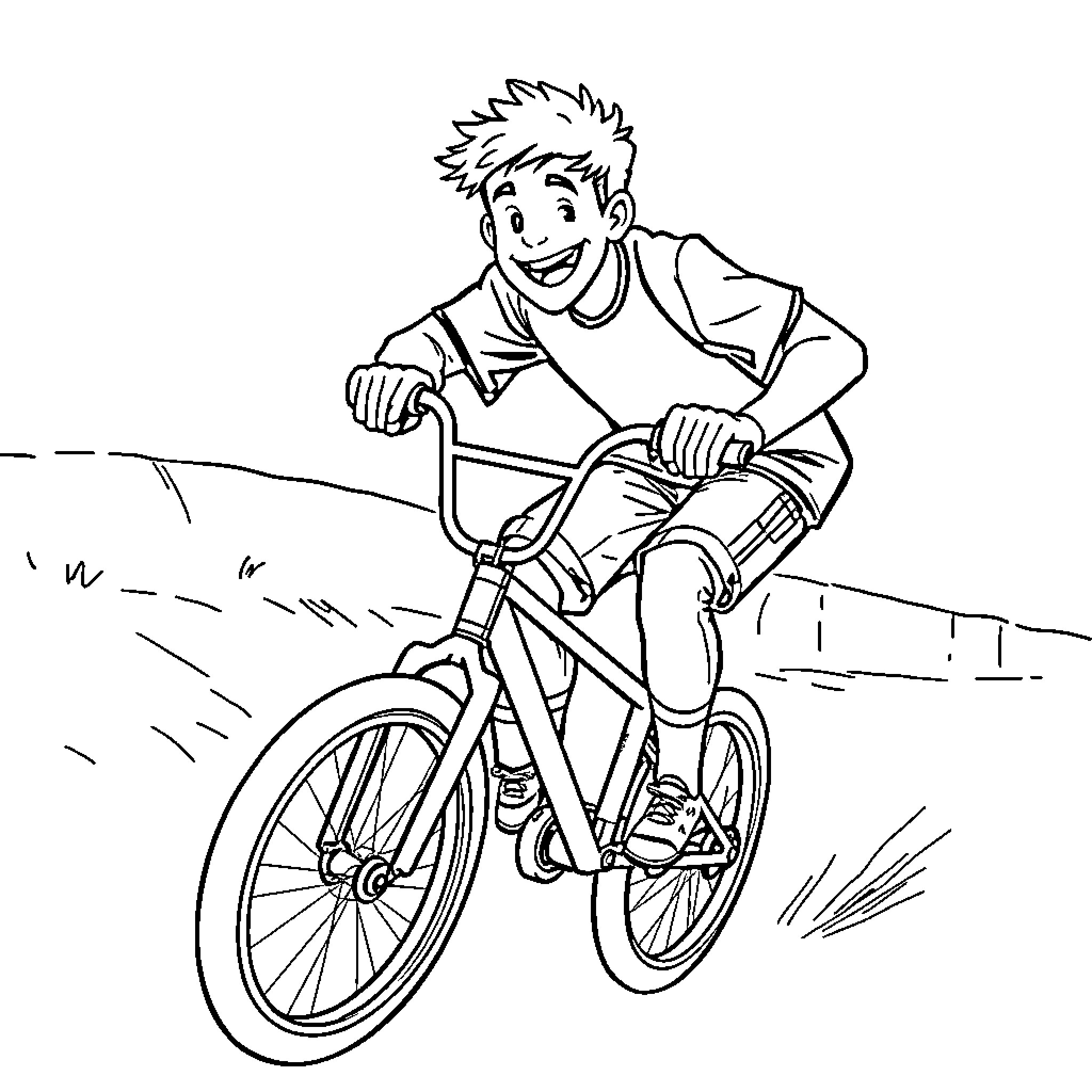 Josh Allen riding a bicycle in the park Coloring Page (free black-and-white line drawing printable PDF for all, from beginners to advanced learners, including children, teens, adults, and seniors)