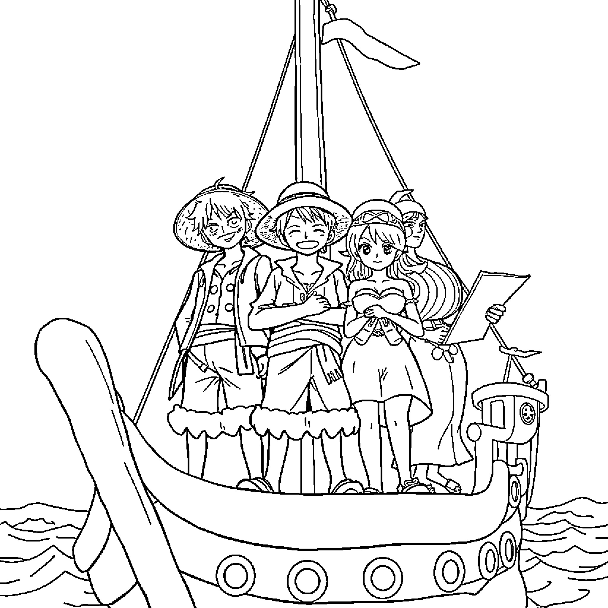 One Piece - Straw Hat Pirates on a Ship Adventure Coloring Page (free black-and-white line drawing printable PDF for all, from beginners to advanced learners, including children, teens, adults, and seniors)
