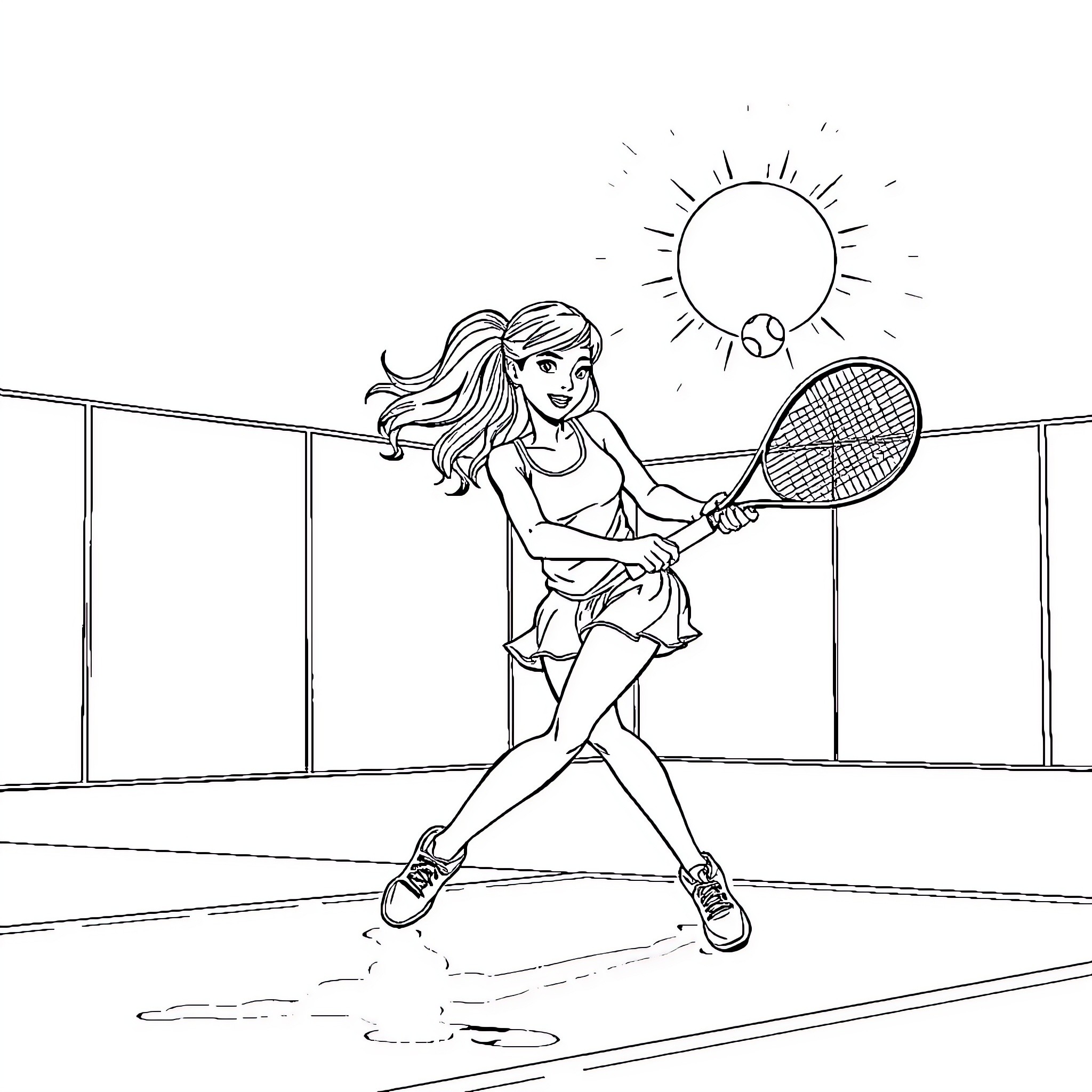 Sabrina Carpenter playing tennis on the court Coloring Page (free black-and-white line drawing printable PDF for all, from beginners to advanced learners, including children, teens, adults, and seniors)