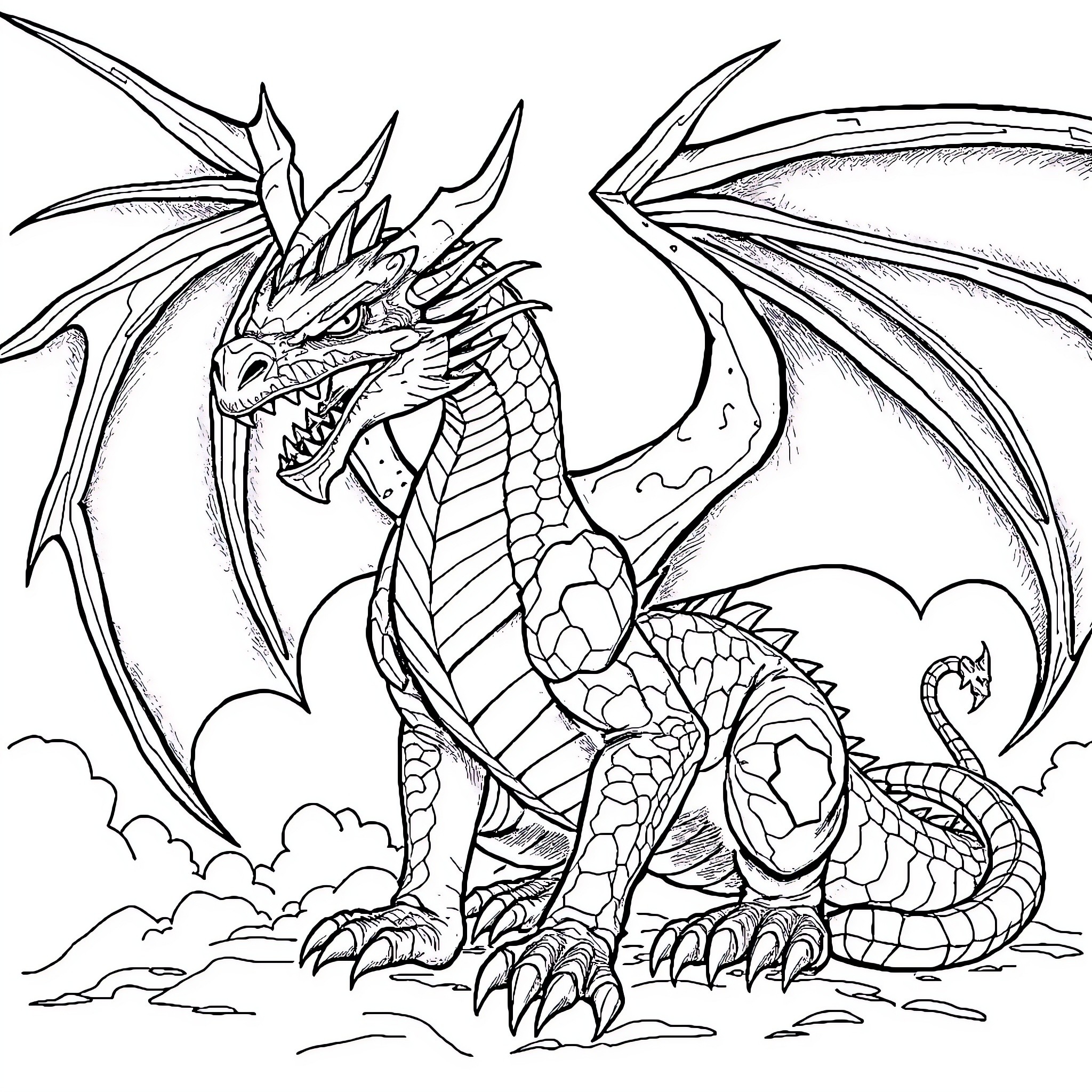 Dragon soaring majestically in the sky Coloring Page (free black-and-white line drawing printable PDF for all, from beginners to advanced learners, including children, teens, adults, and seniors)