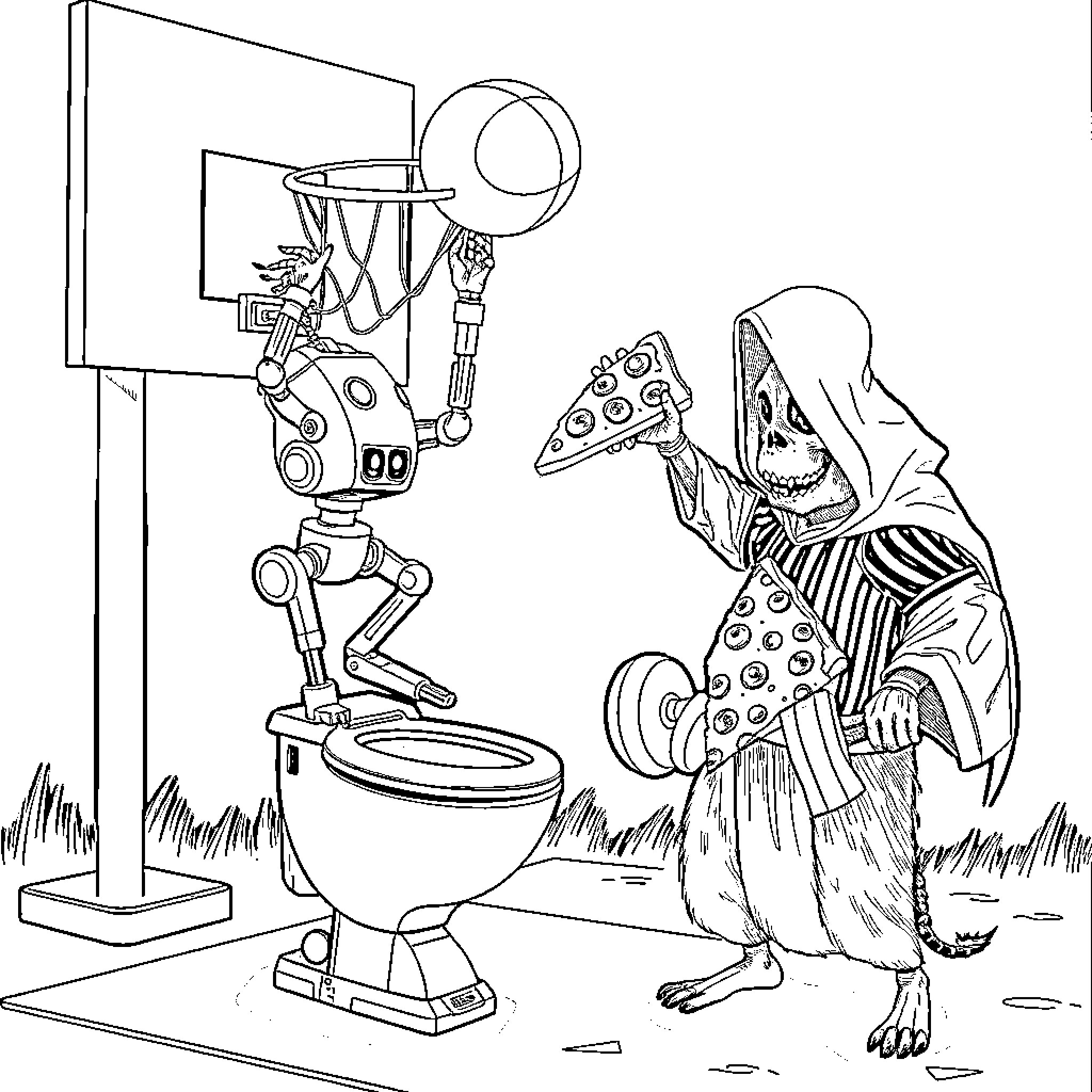 Toilet Basketball: Mechanical Creature vs. Costumed Player Coloring Page (free black-and-white line drawing printable PDF for all, from beginners to advanced learners, including children, teens, adults, and seniors)
