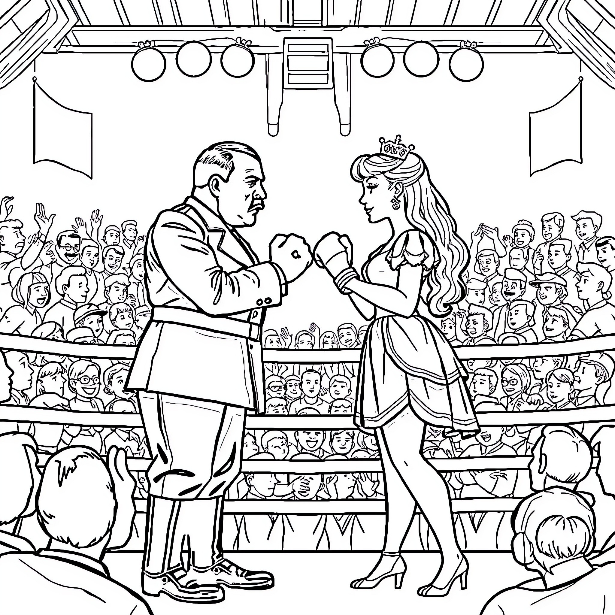 Boxing match between a man and a woman in an arena Coloring Page (free black-and-white line drawing printable PDF for all, from beginners to advanced learners, including children, teens, adults, and seniors)