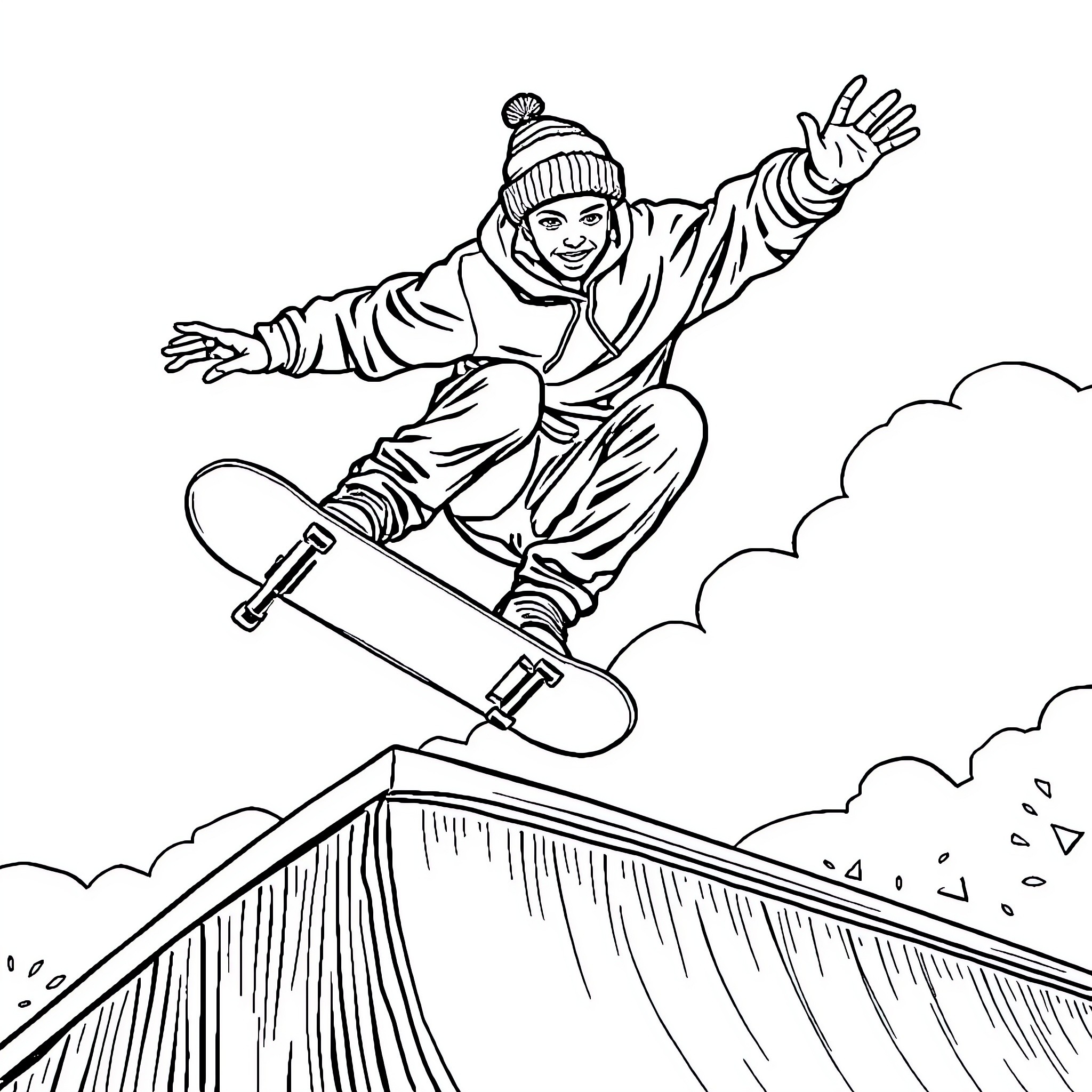 Skateboarder performing impressive aerial stunt on snowy ramp Coloring Page (free black-and-white line drawing printable PDF for all, from beginners to advanced learners, including children, teens, adults, and seniors)