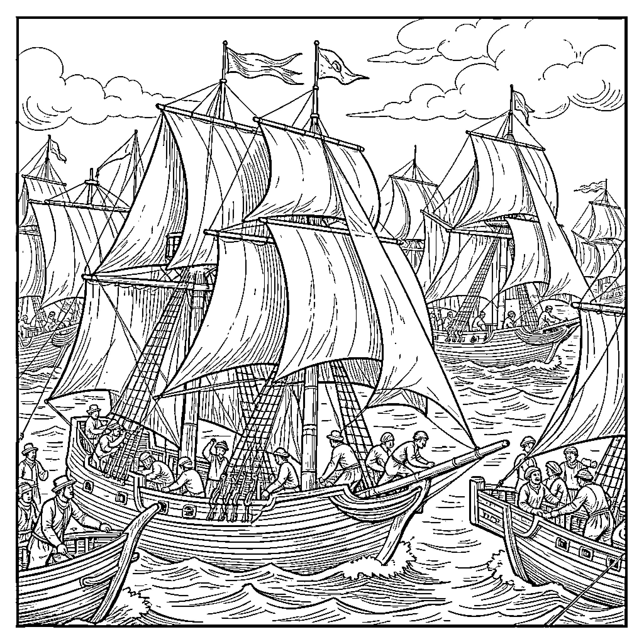 Naval Battle between large sailing ships on stormy seas Coloring Page (free black-and-white line drawing printable PDF for all, from beginners to advanced learners, including children, teens, adults, and seniors)