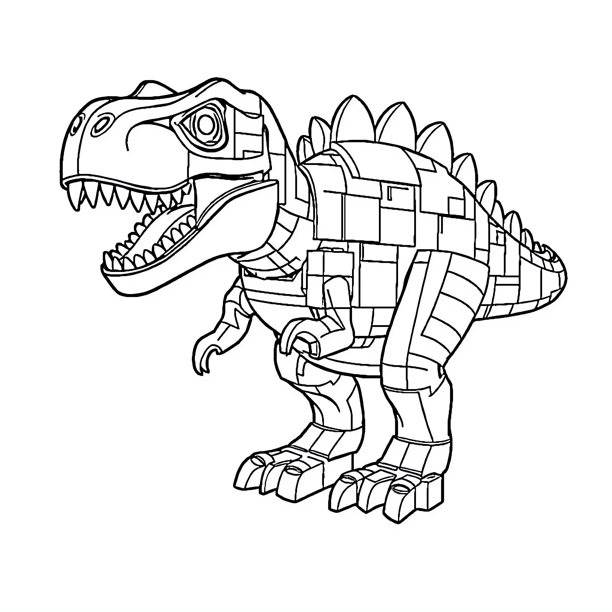 Lego T Rex Roaring Fiercely in Attack Pose Coloring Page (free black-and-white line drawing printable PDF for all, from beginners to advanced learners, including children, teens, adults, and seniors)