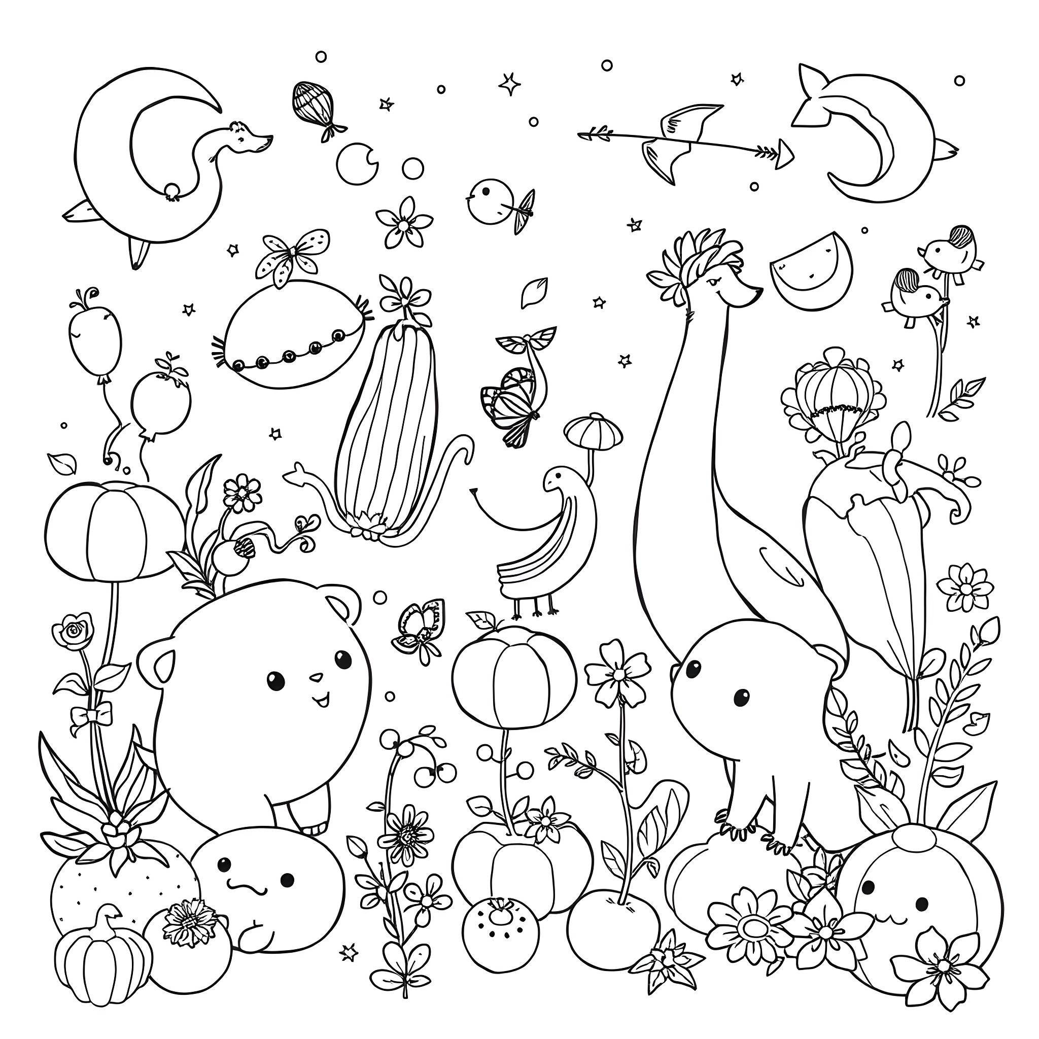 Doodle of playful animals and whimsical flora Coloring Page (free black-and-white line drawing printable PDF for all, from beginners to advanced learners, including children, teens, adults, and seniors)