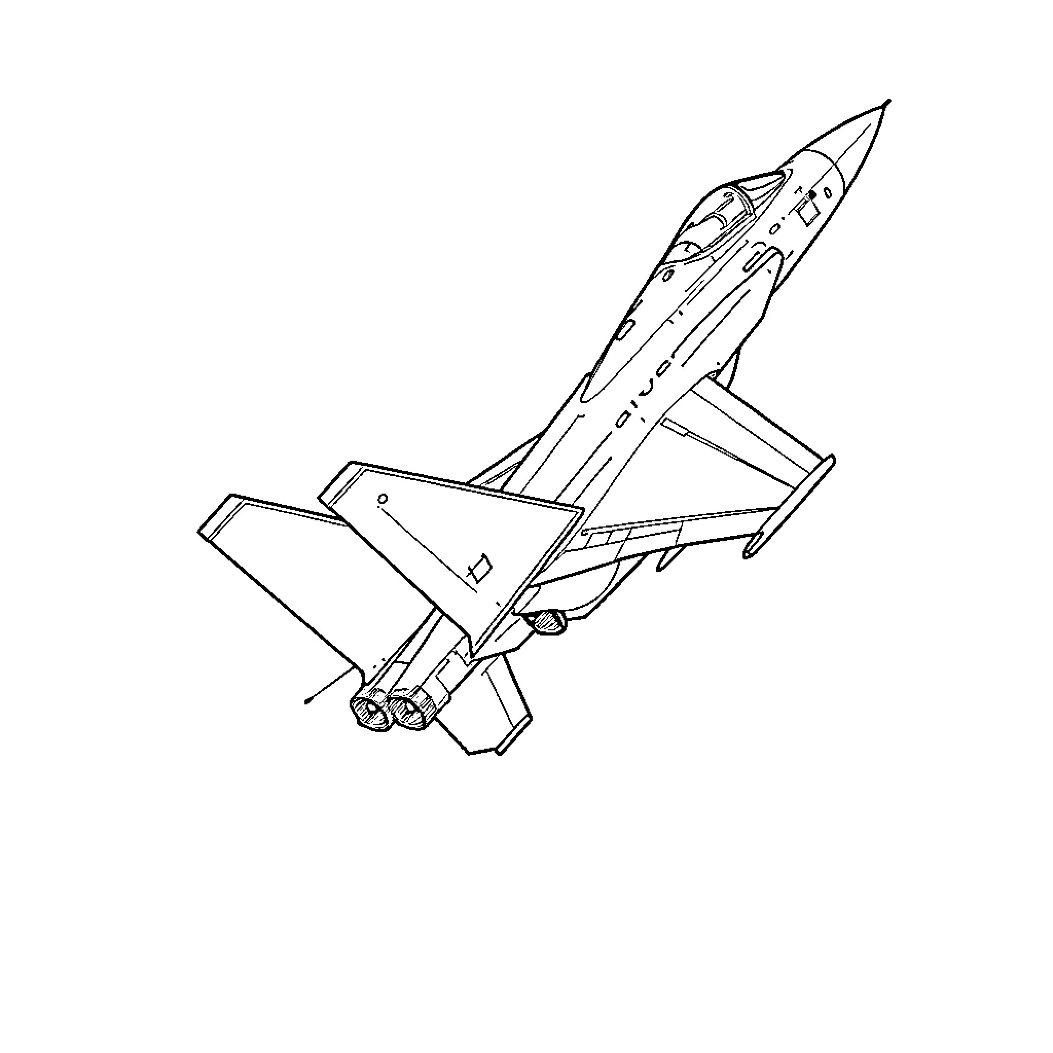 Jet aircraft taking off with engines engaged Coloring Page (free black-and-white line drawing printable PDF for all, from beginners to advanced learners, including children, teens, adults, and seniors)
