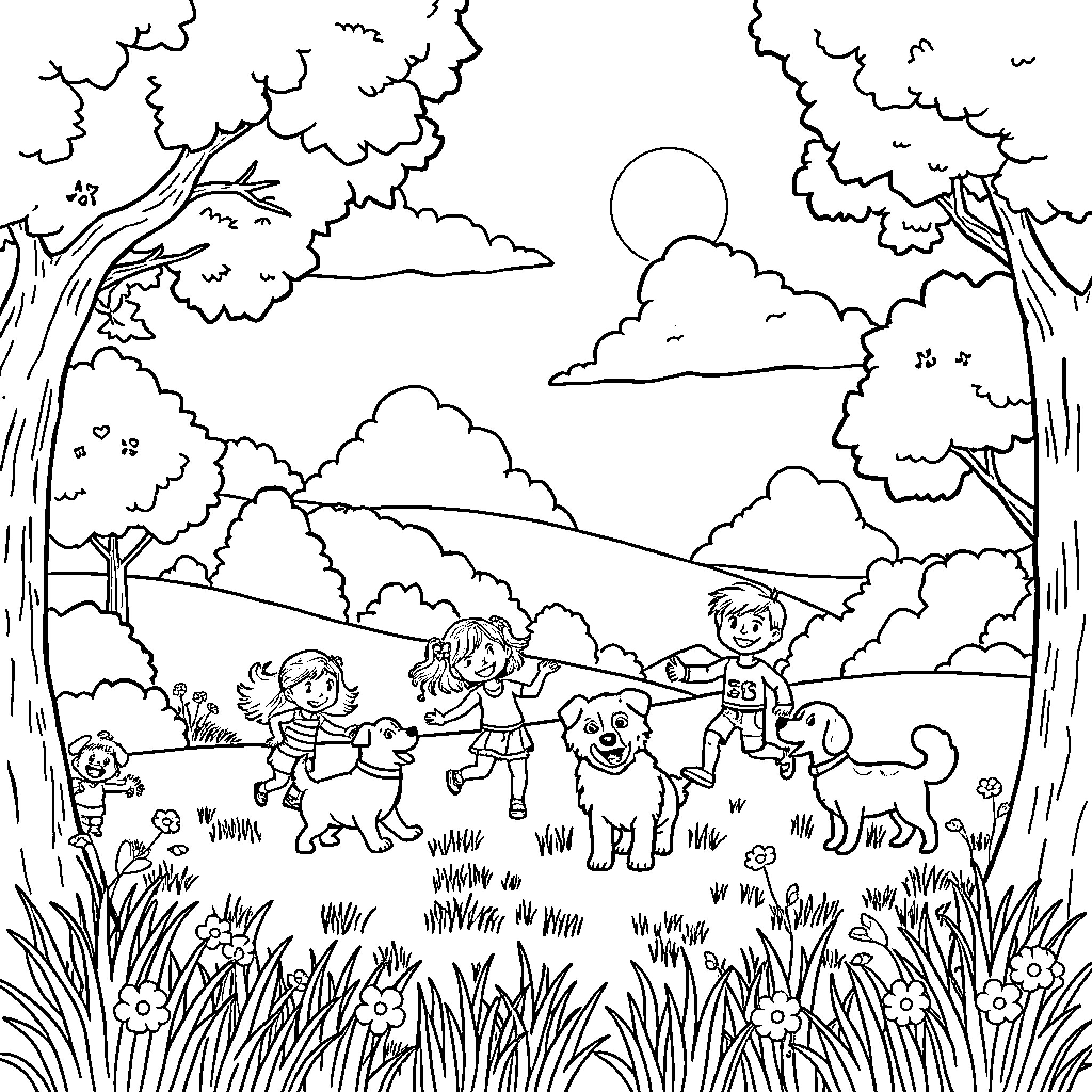 Children playing with pets in the countryside Coloring Page (free black-and-white line drawing printable PDF for all, from beginners to advanced learners, including children, teens, adults, and seniors)