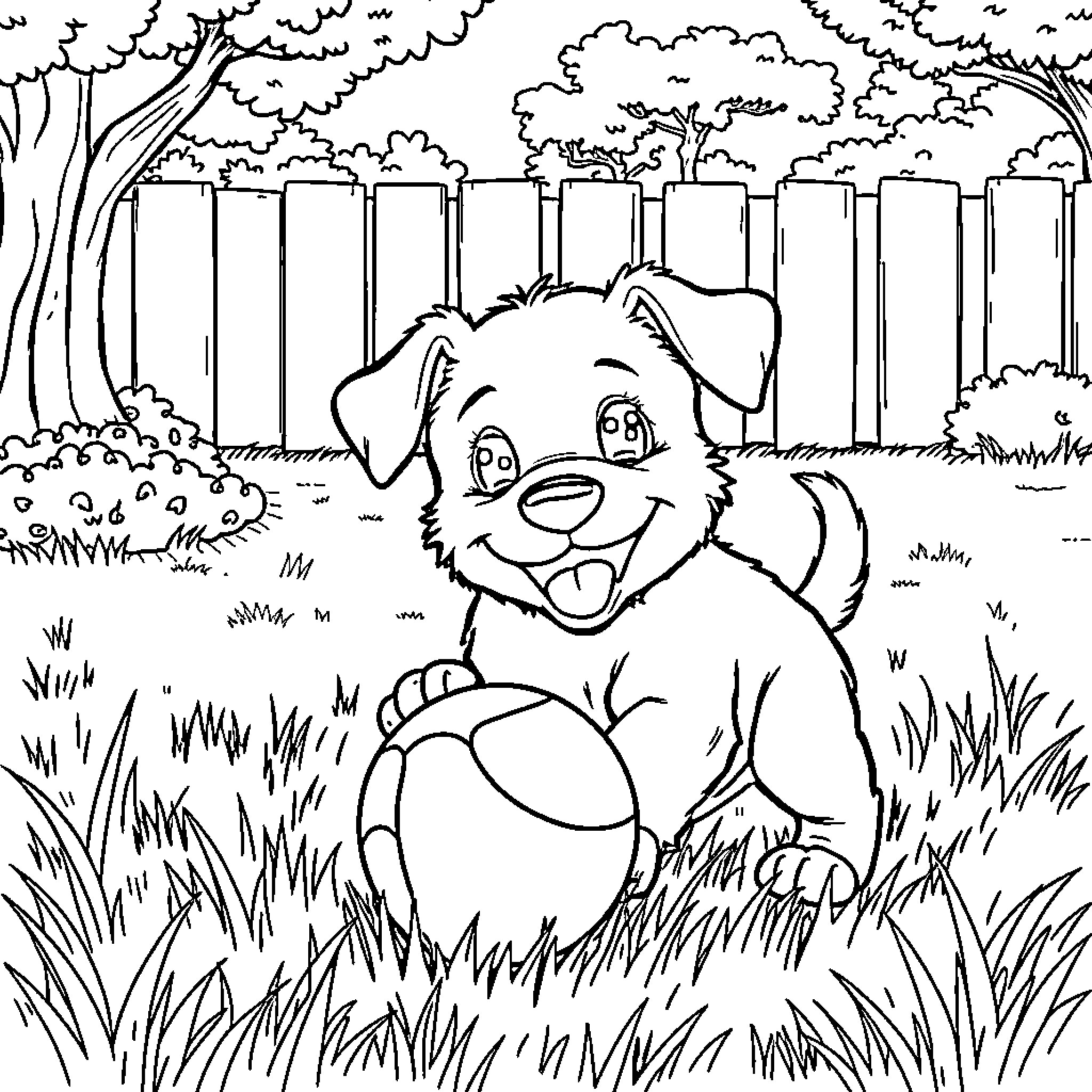 Puppy exploring the backyard Coloring Page (free black-and-white line drawing printable PDF for all, from beginners to advanced learners, including children, teens, adults, and seniors)