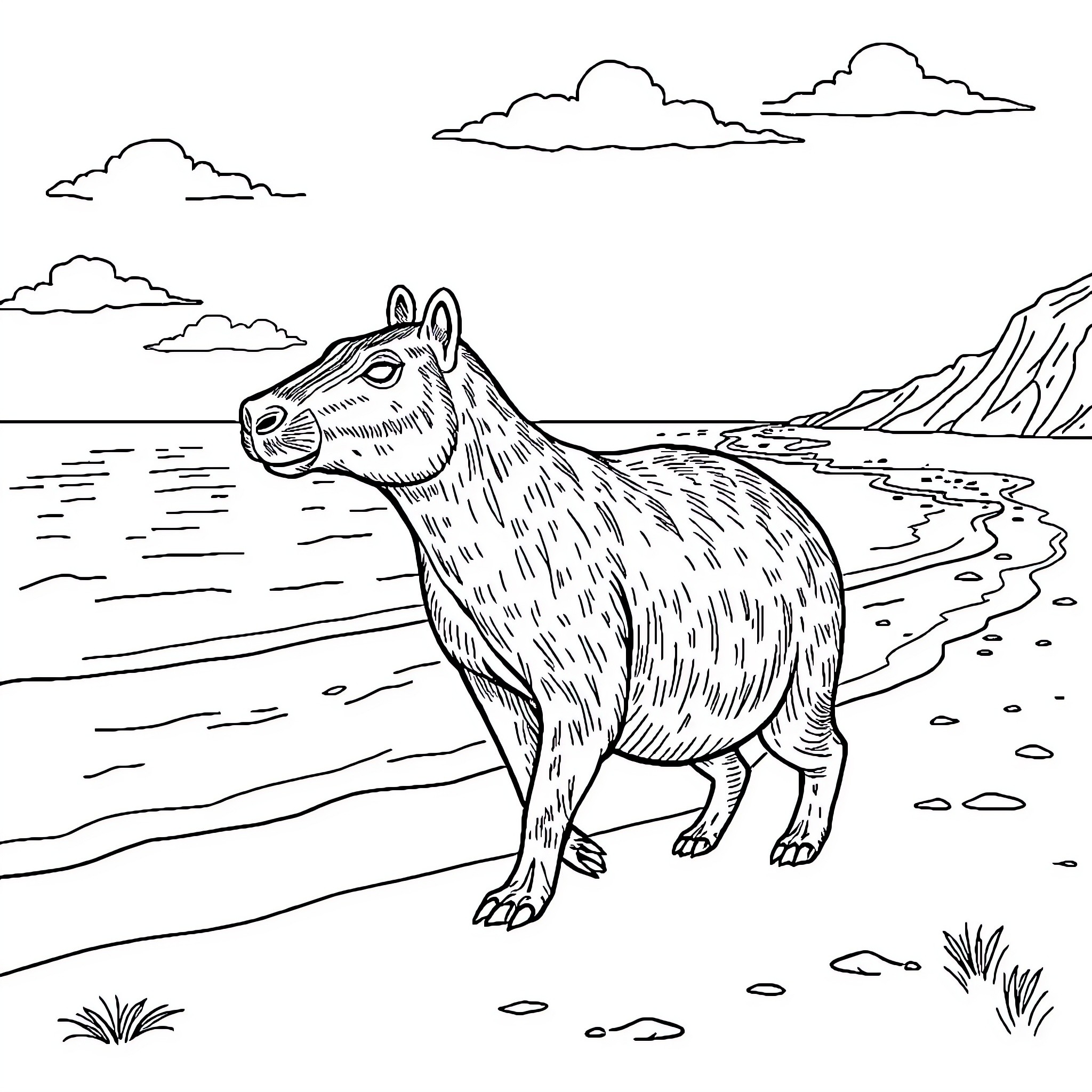 Capybara relaxing on the beach Coloring Page (free black-and-white line drawing printable PDF for all, from beginners to advanced learners, including children, teens, adults, and seniors)