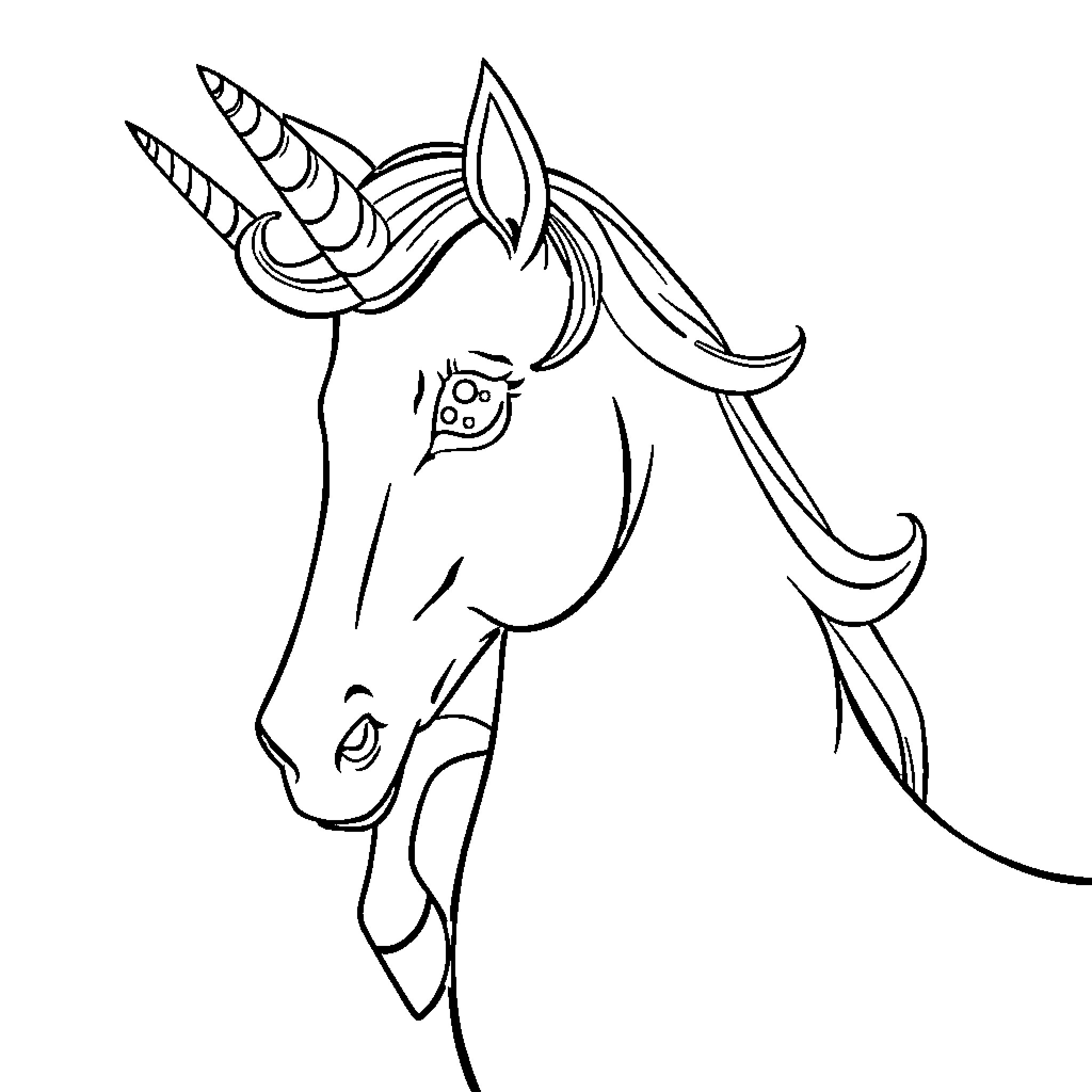 Unicorn with whimsical expression and features Coloring Page (free black-and-white line drawing printable PDF for all, from beginners to advanced learners, including children, teens, adults, and seniors)