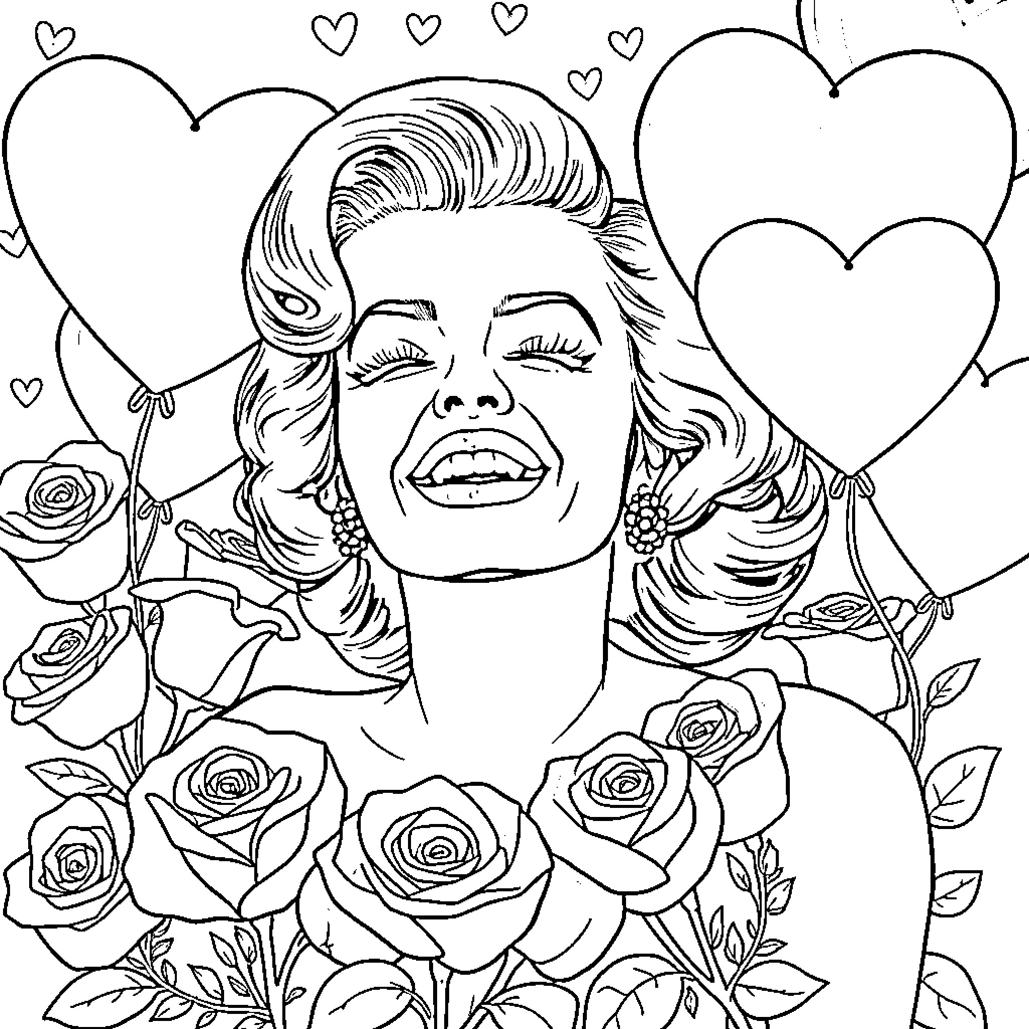 Marilyn Monroe smiling amidst roses and hearts Coloring Page (free black-and-white line drawing printable PDF for all, from beginners to advanced learners, including children, teens, adults, and seniors)