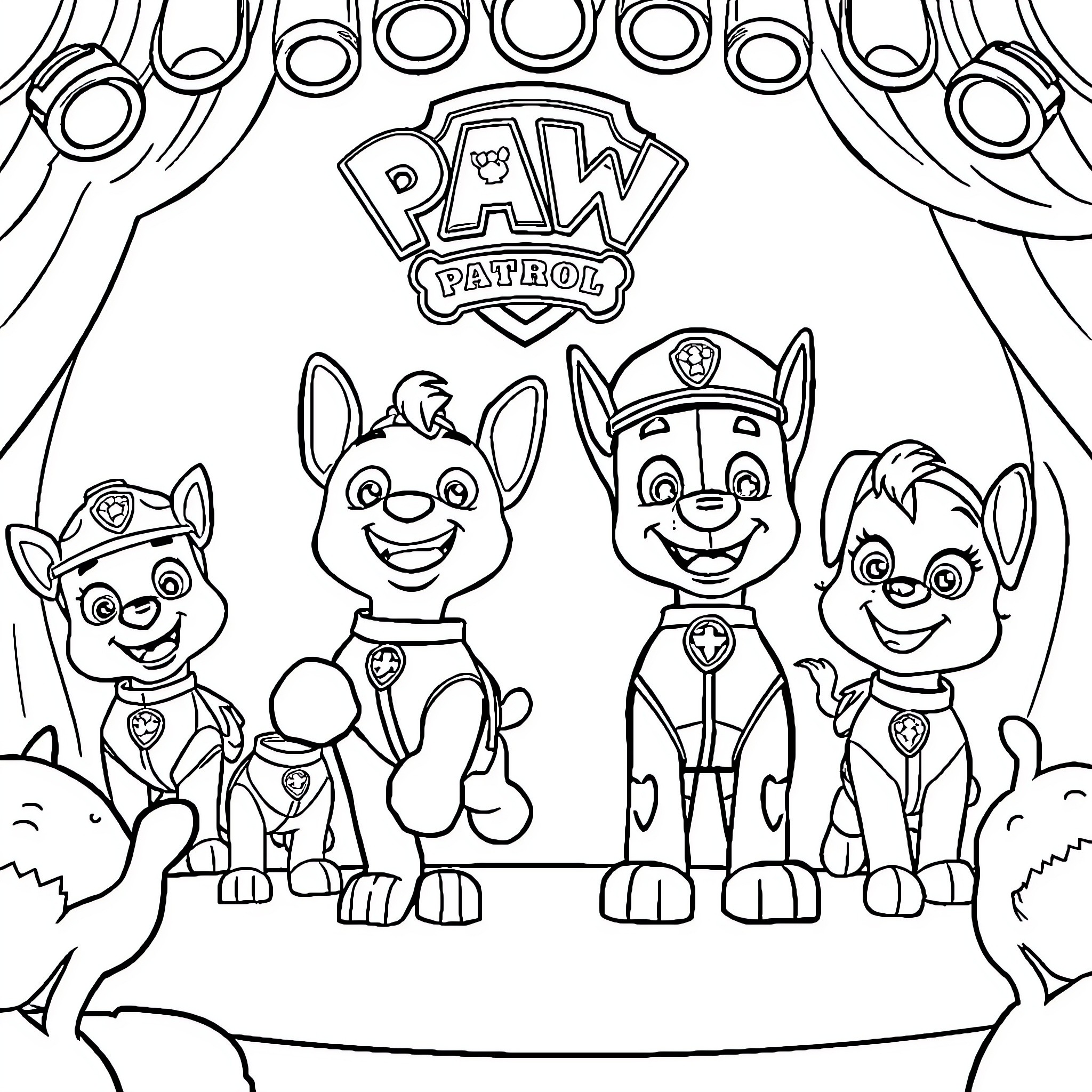 Paw Patrol characters on stage posing together Coloring Page (free black-and-white line drawing printable PDF for all, from beginners to advanced learners, including children, teens, adults, and seniors)