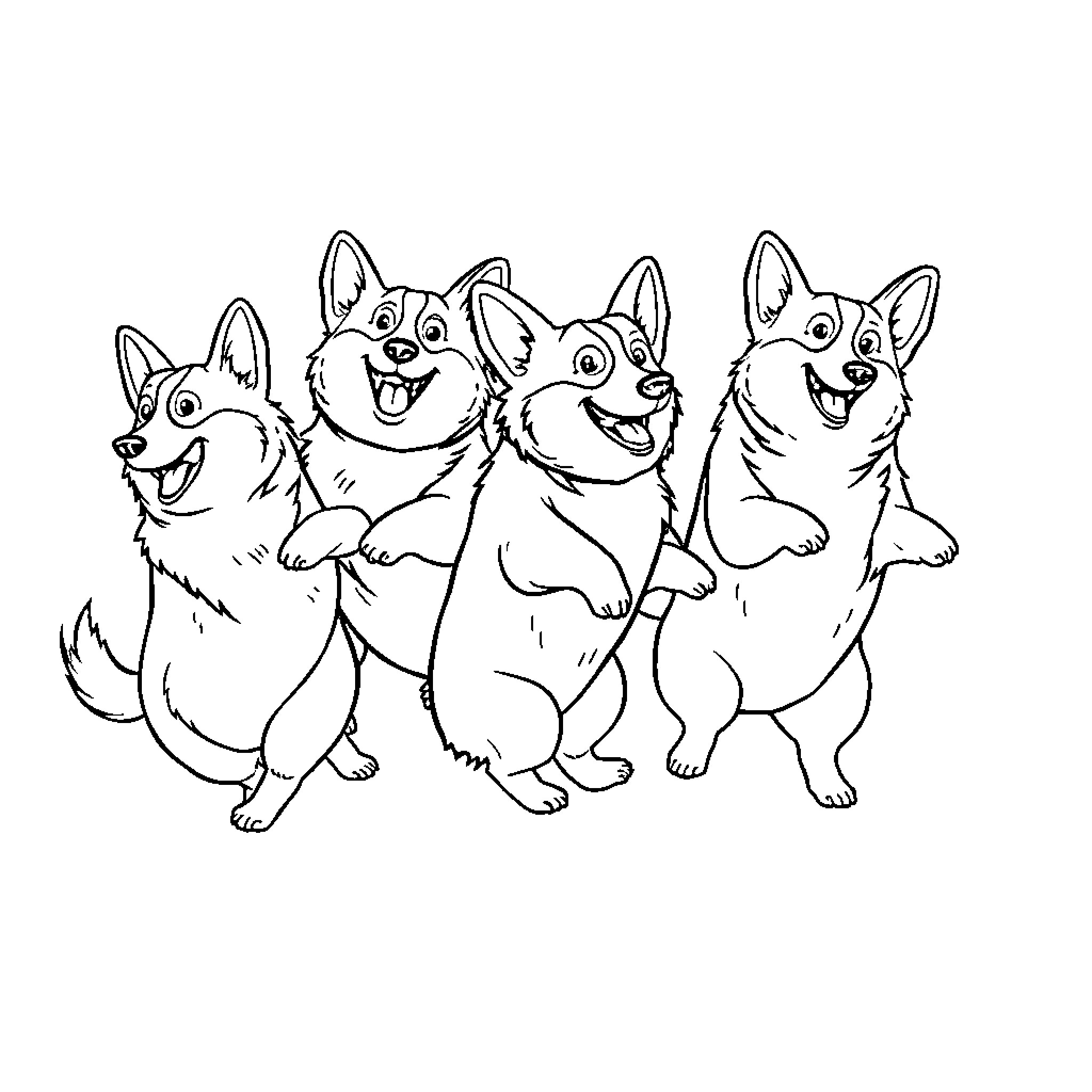 Corgi dogs celebrating together Coloring Page (free black-and-white line drawing printable PDF for all, from beginners to advanced learners, including children, teens, adults, and seniors)